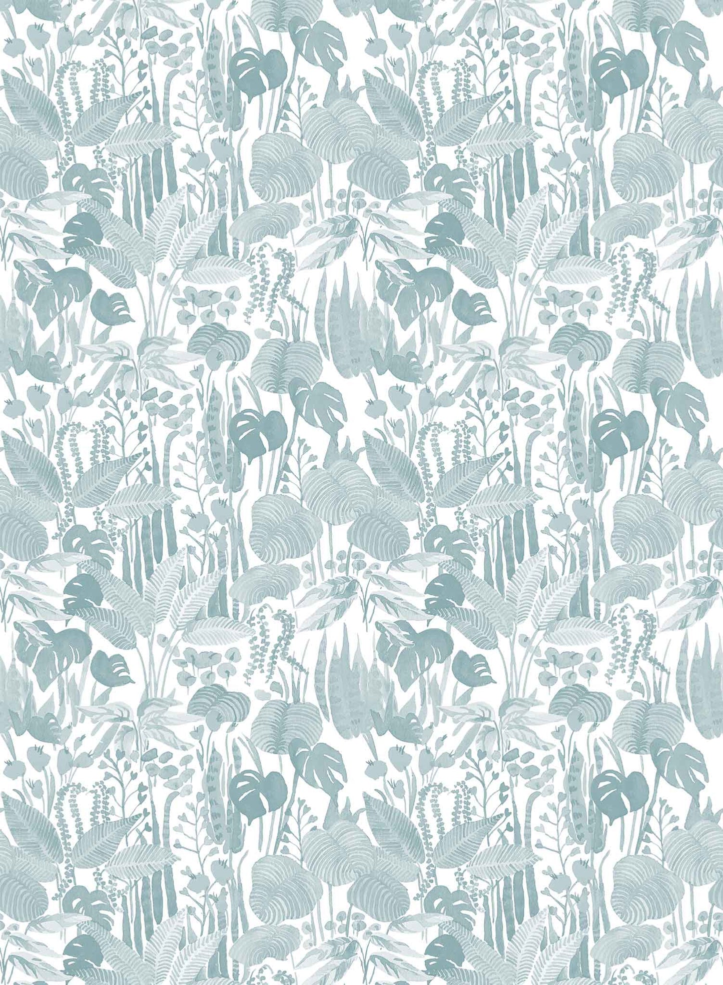 Tropicalia is a minimalist wallpaper by Opposite Wall of a variety of tropical plant leaves.