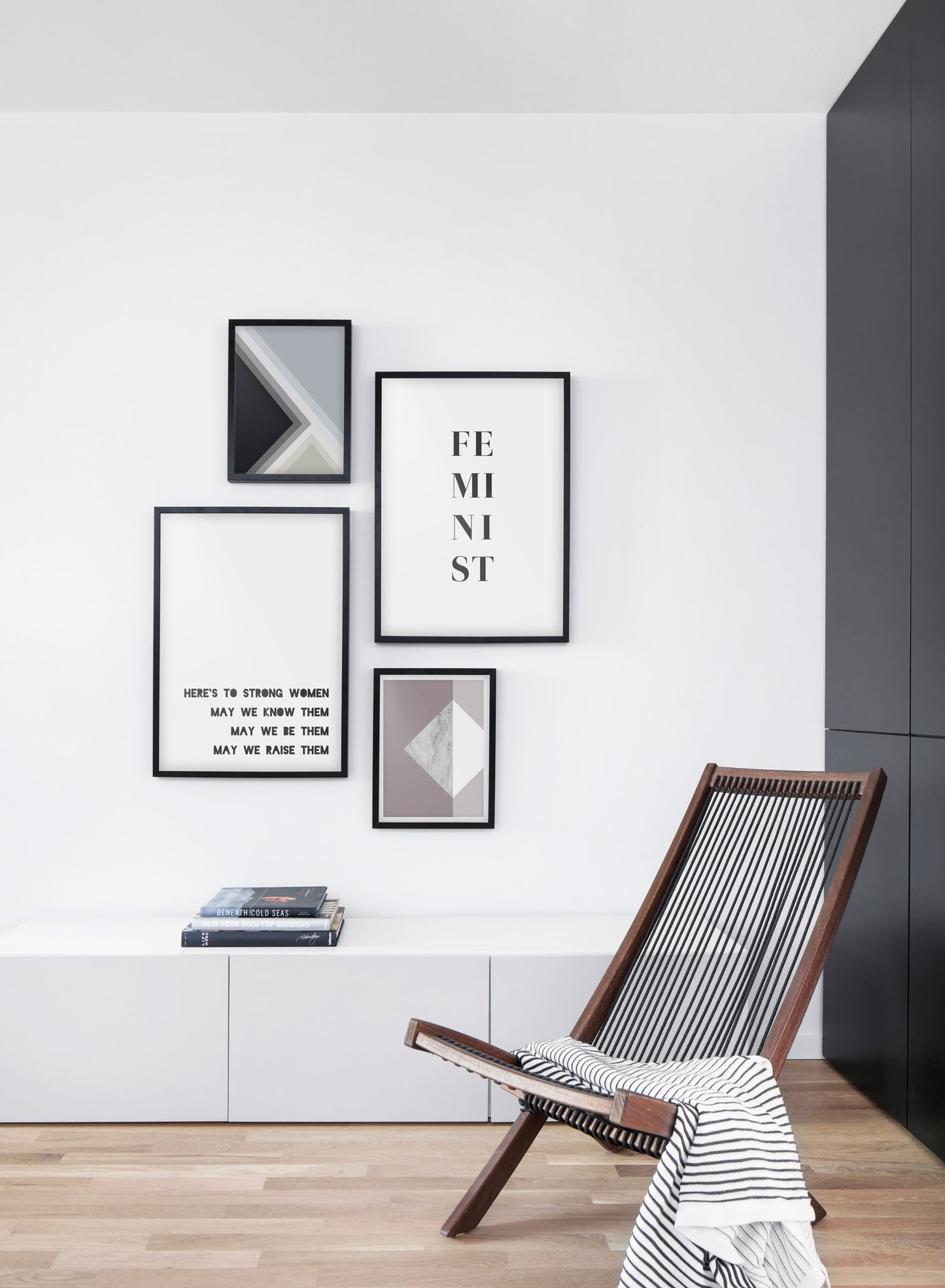 Minimalist poster by Opposite Wall with inspirational Women quote and typography design - Living room with a chair