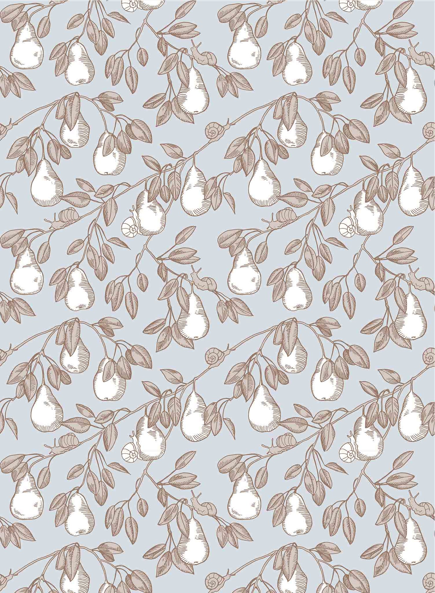 Pear Picking is a minimalist wallpaper by Opposite Wall of a series of pears hanging from its tree.