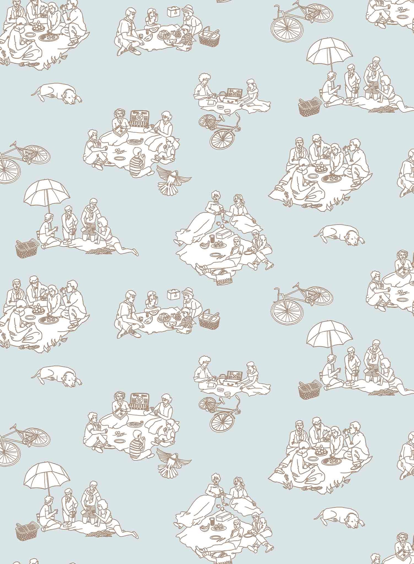 La Fontaine is a mnimalist wallpaper by Opposite Wall of a drawing of many people enjoying a picnic.