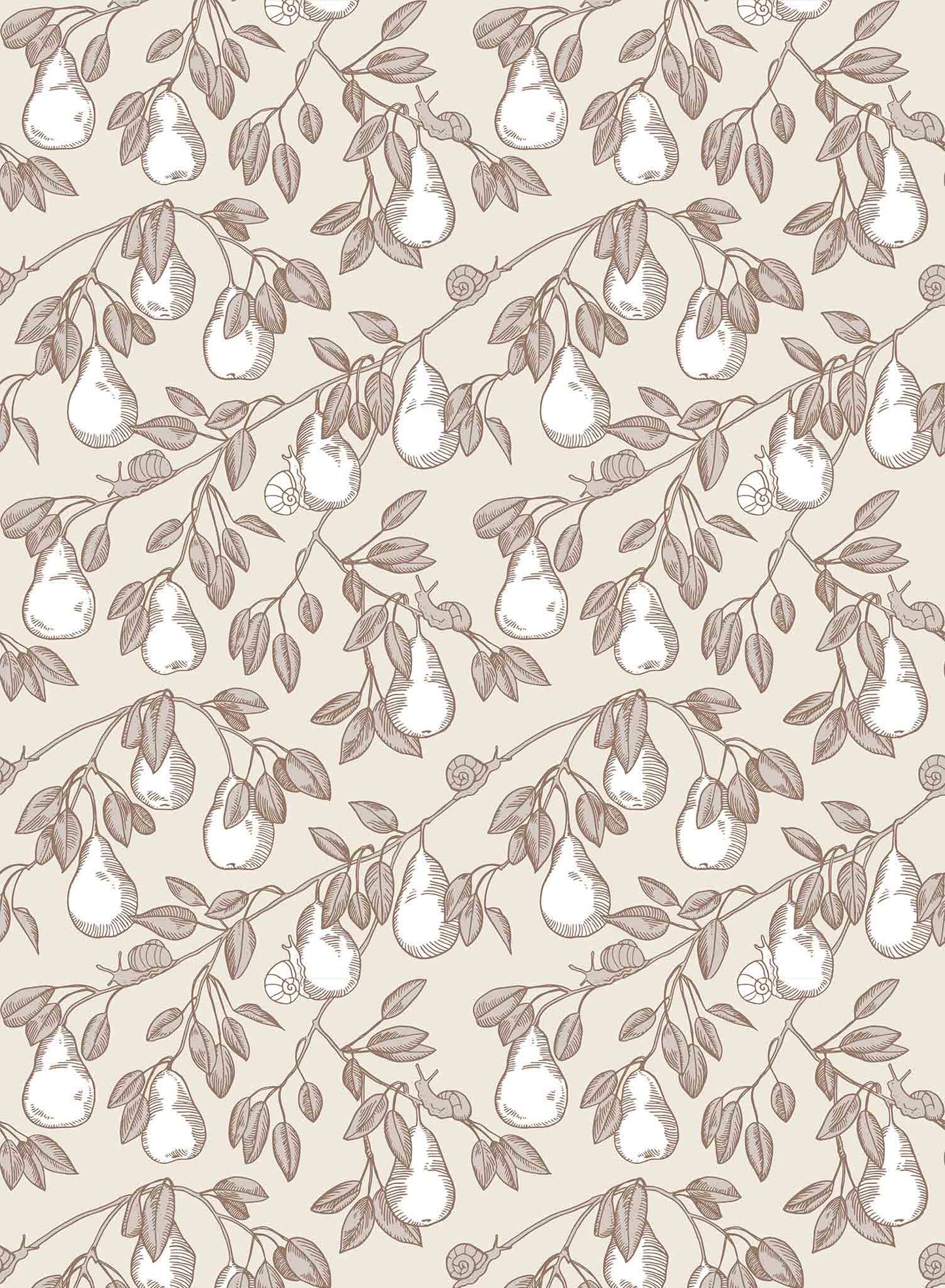 Pear Picking is a minimalist wallpaper by Opposite Wall of a series of pears hanging from its tree.