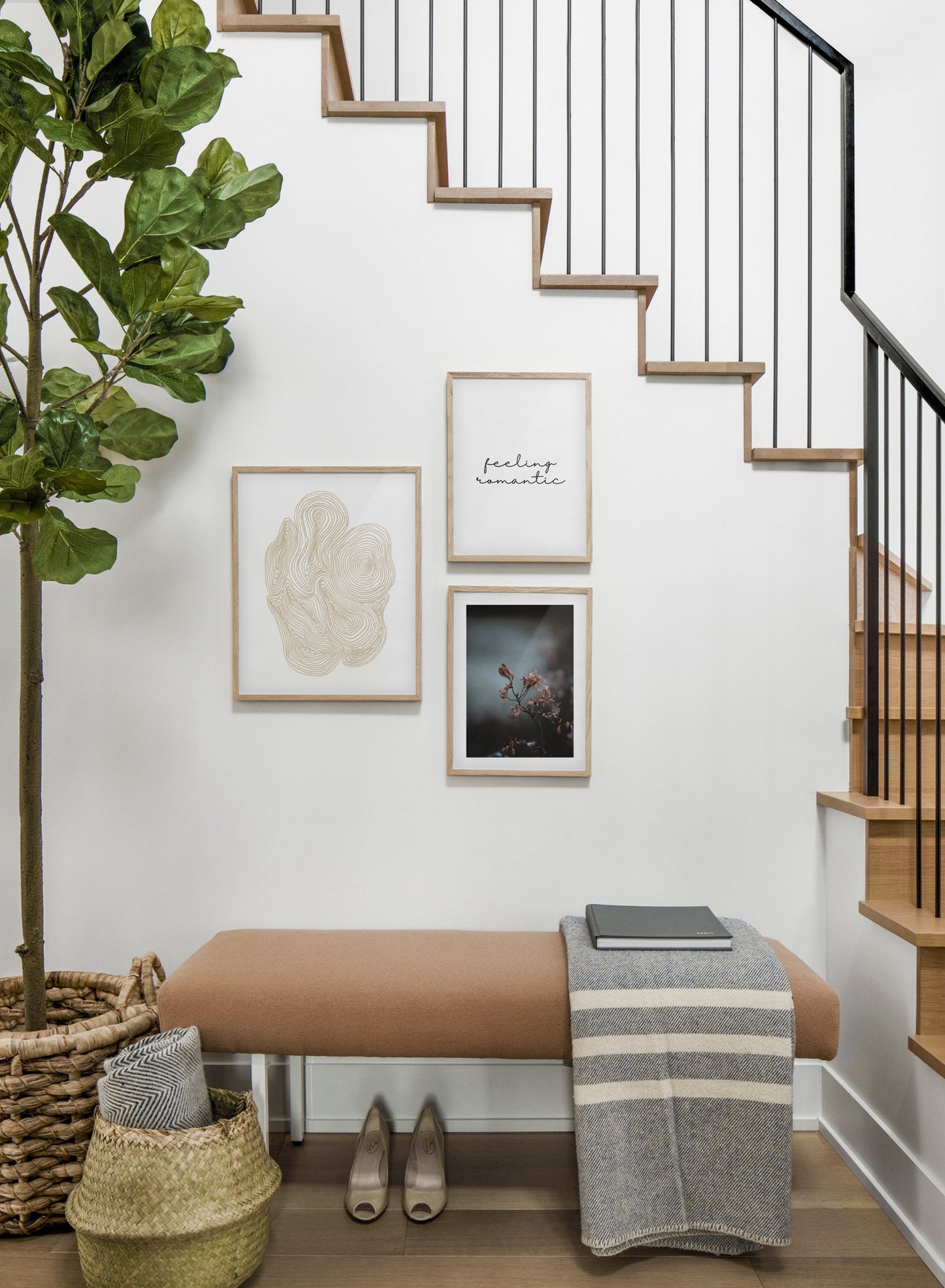Scandinavian poster by Opposite Wall with black and white graphic typography design of feeling romantic - Hallway with a staircase