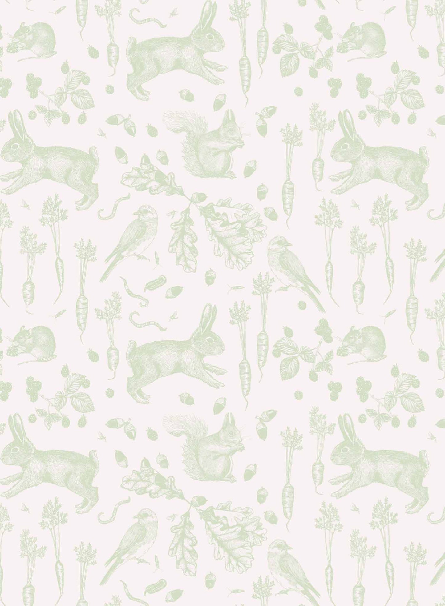 Garden Thieves is a minimalist wallpaper by Opposite Wall of common animals and vegetables found in a backyard garden.