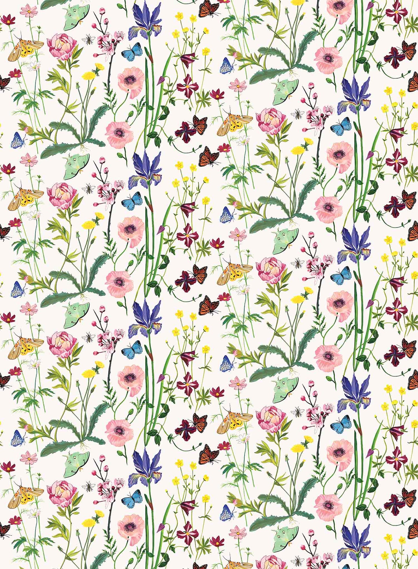 Midsommar is a minimalist wallpaper by Opposite Wall of a collection of butterflies and wildflowers.