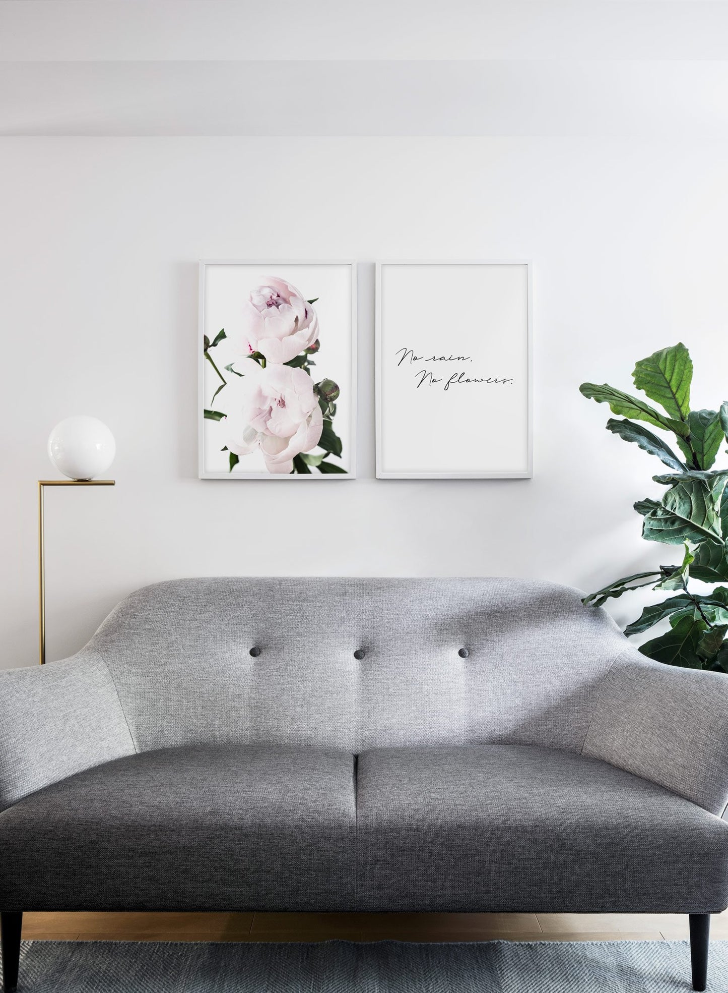 Scandinavian poster with black and white graphic typography design of no rain, no flowers and flower photography - Living room