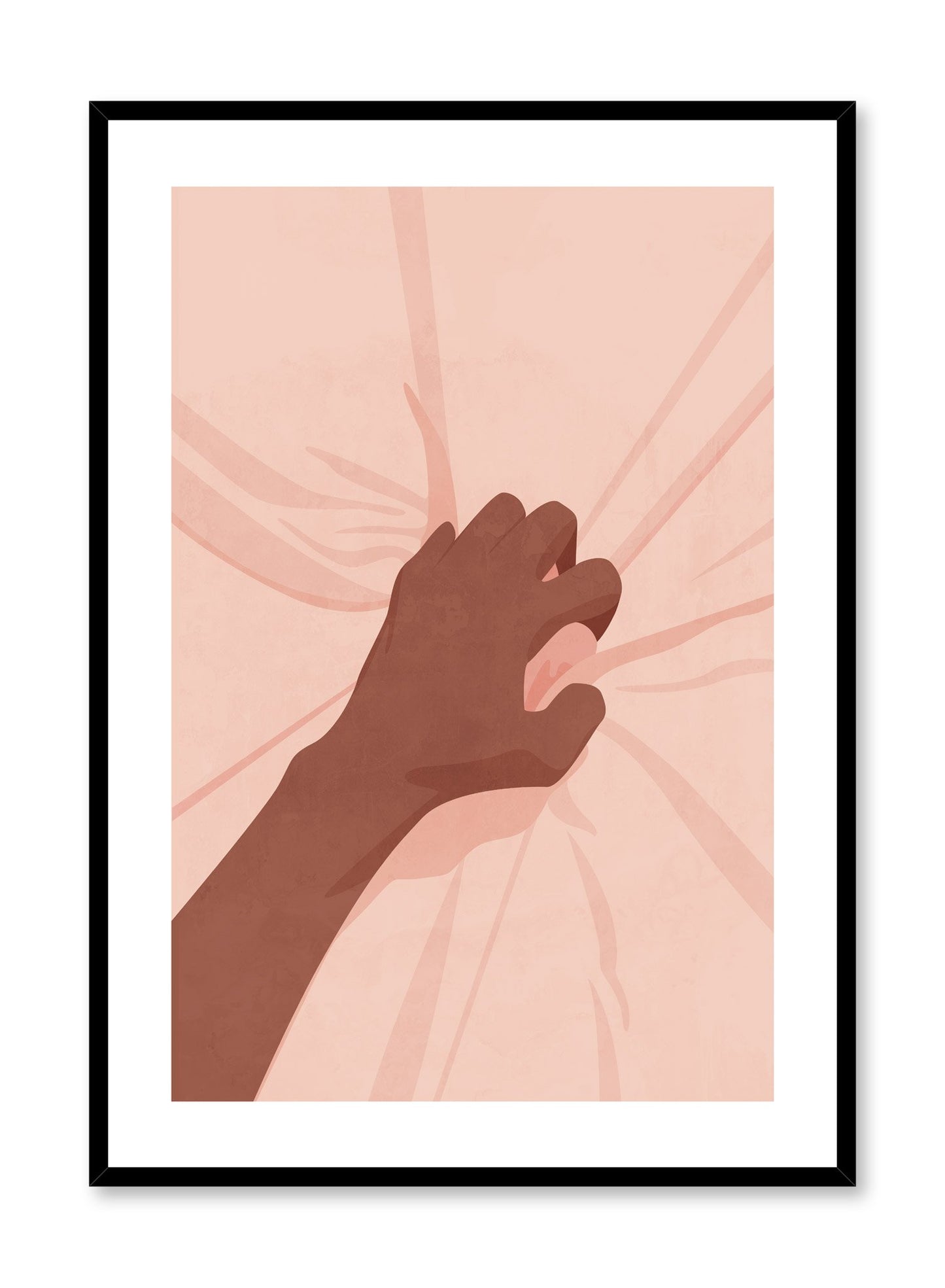 "Spasm in Pink" is a minimalist and sensual illustration poster by Opposite Wall of a hand grabbing pink sheets in a moment of orgasmic pleasure.