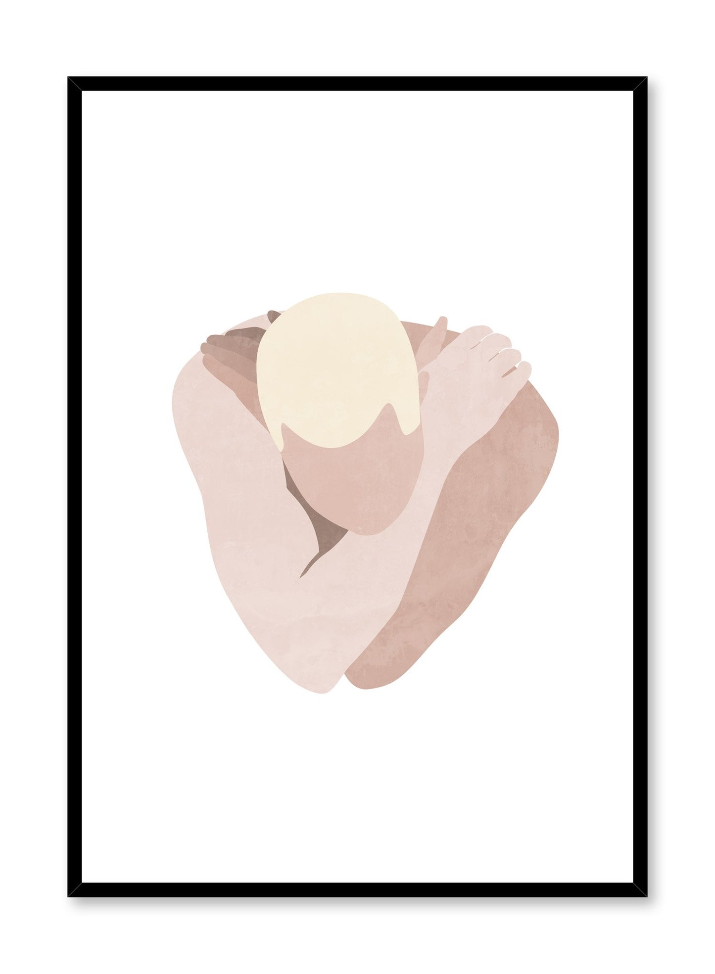 "Introspection" is a minimalist and illustration poster by Opposite Wall in the theme of self-love of a man giving himself a hug. This poster is in the shades of yellow, beige and white.