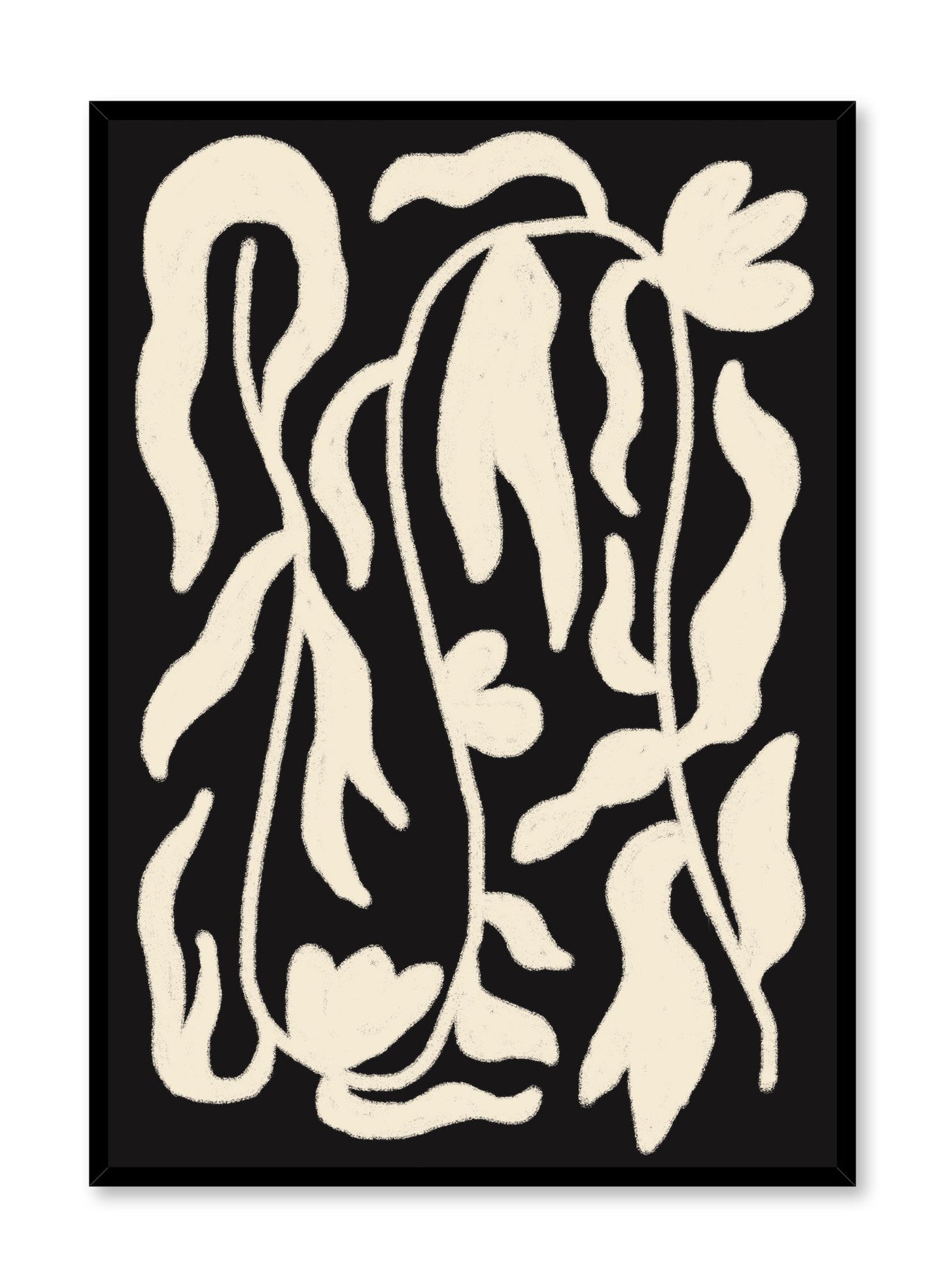 "Serpentine in Black" is a minimalist botanical illustration poster by Opposite Wall of vintage black and beige leaves.