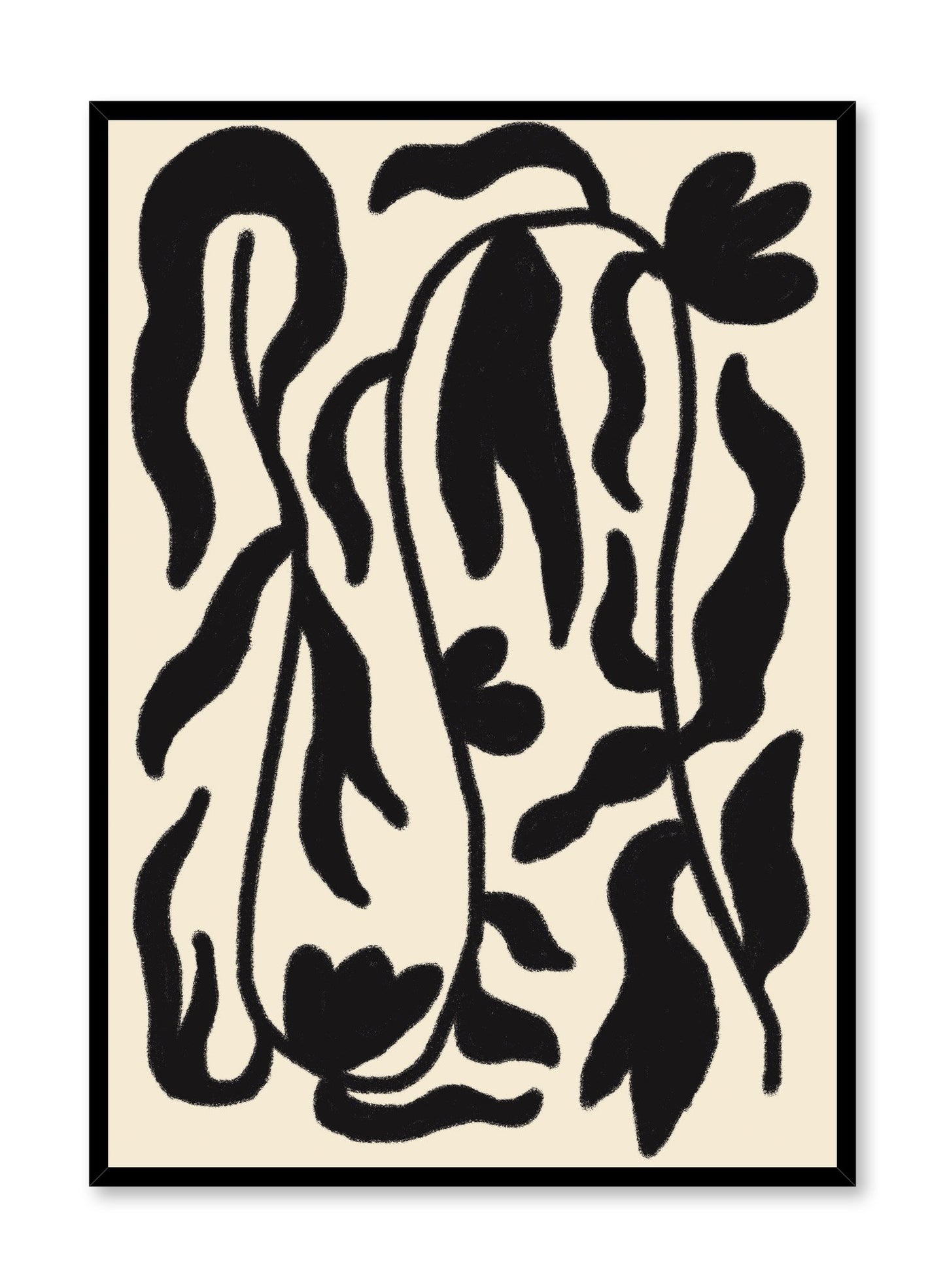 "Serpentine" is a minimalist botanical illustration poster by Opposite Wall of vintage black leaves over a beige background.