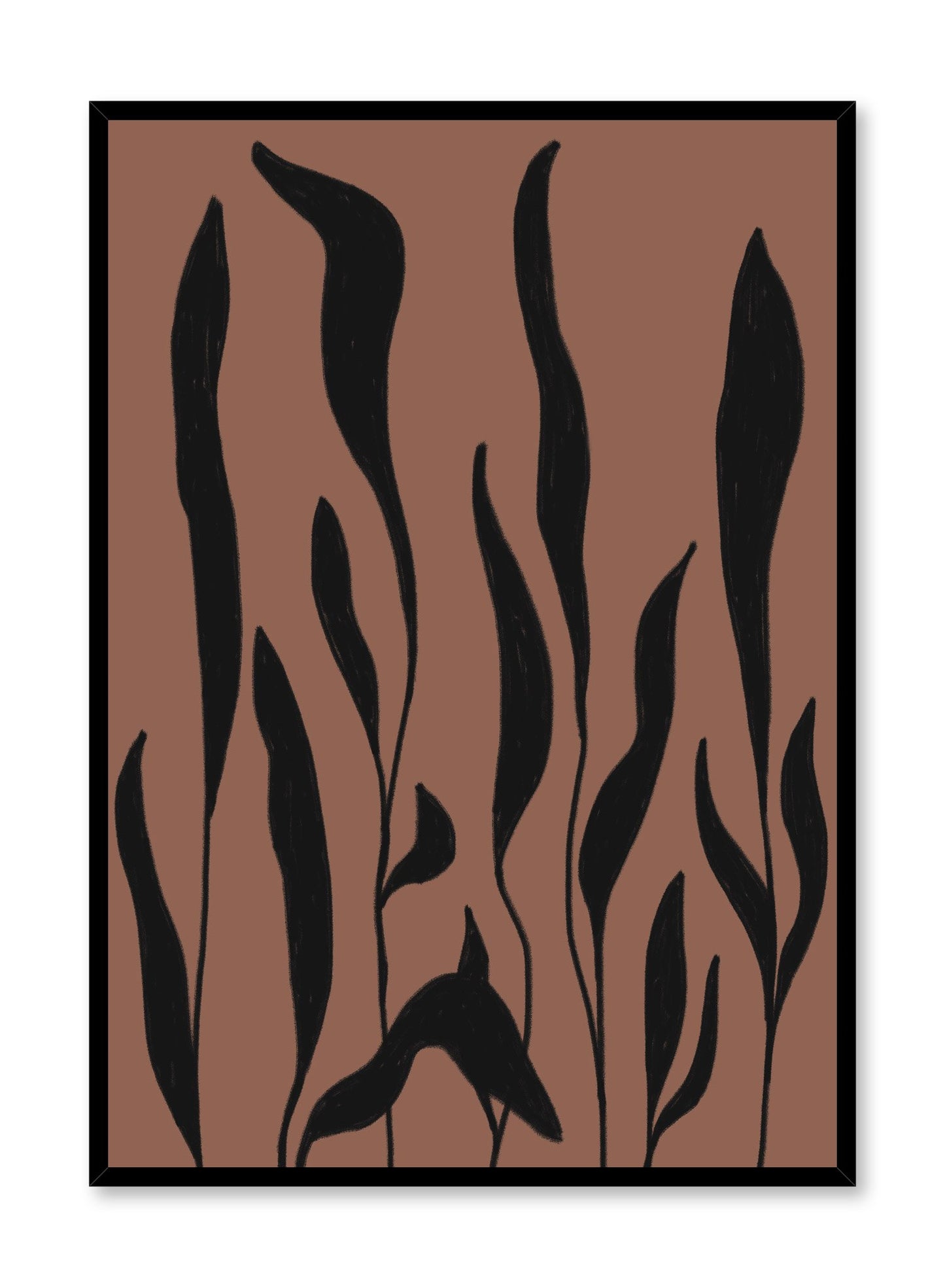 "Grassland" is a minimalist botanical illustration poster by Opposite Wall of tall black grasses over a brown background.