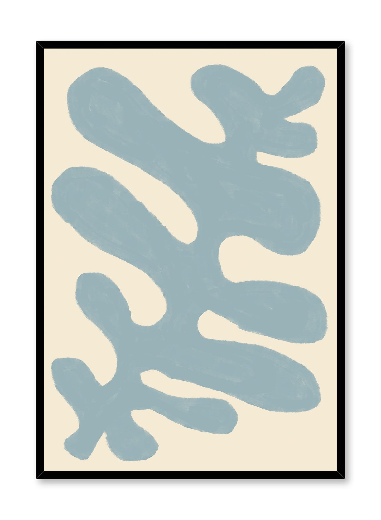 "Blue Algae" is a minimalist botanical illustration poster by Opposite Wall of an abstract and vintage blue seaweed over a beige background.