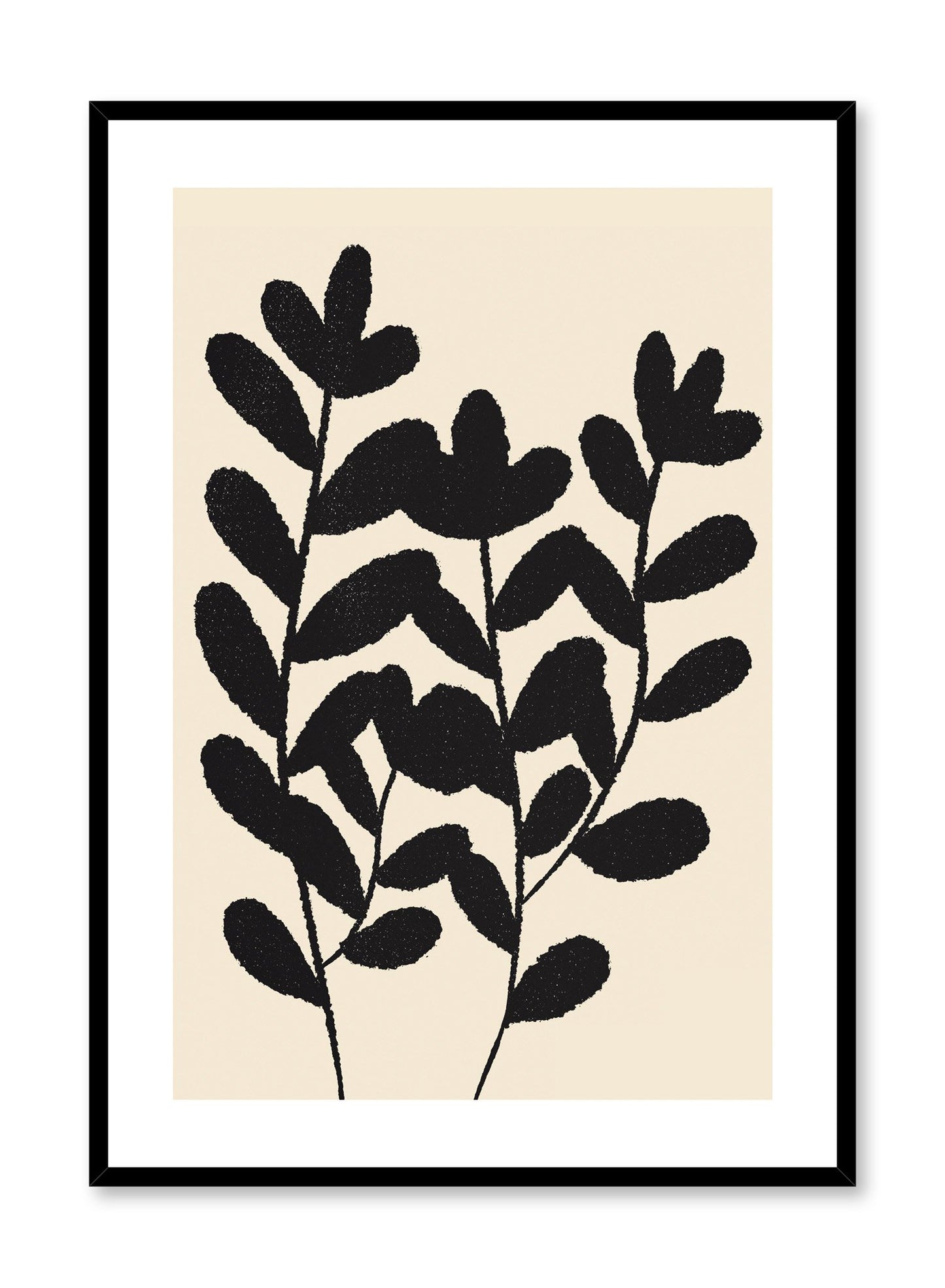 "Floral Waltz" is a minimalist botanical illustration poster by Opposite Wall of abstract black flowers over a beige background.