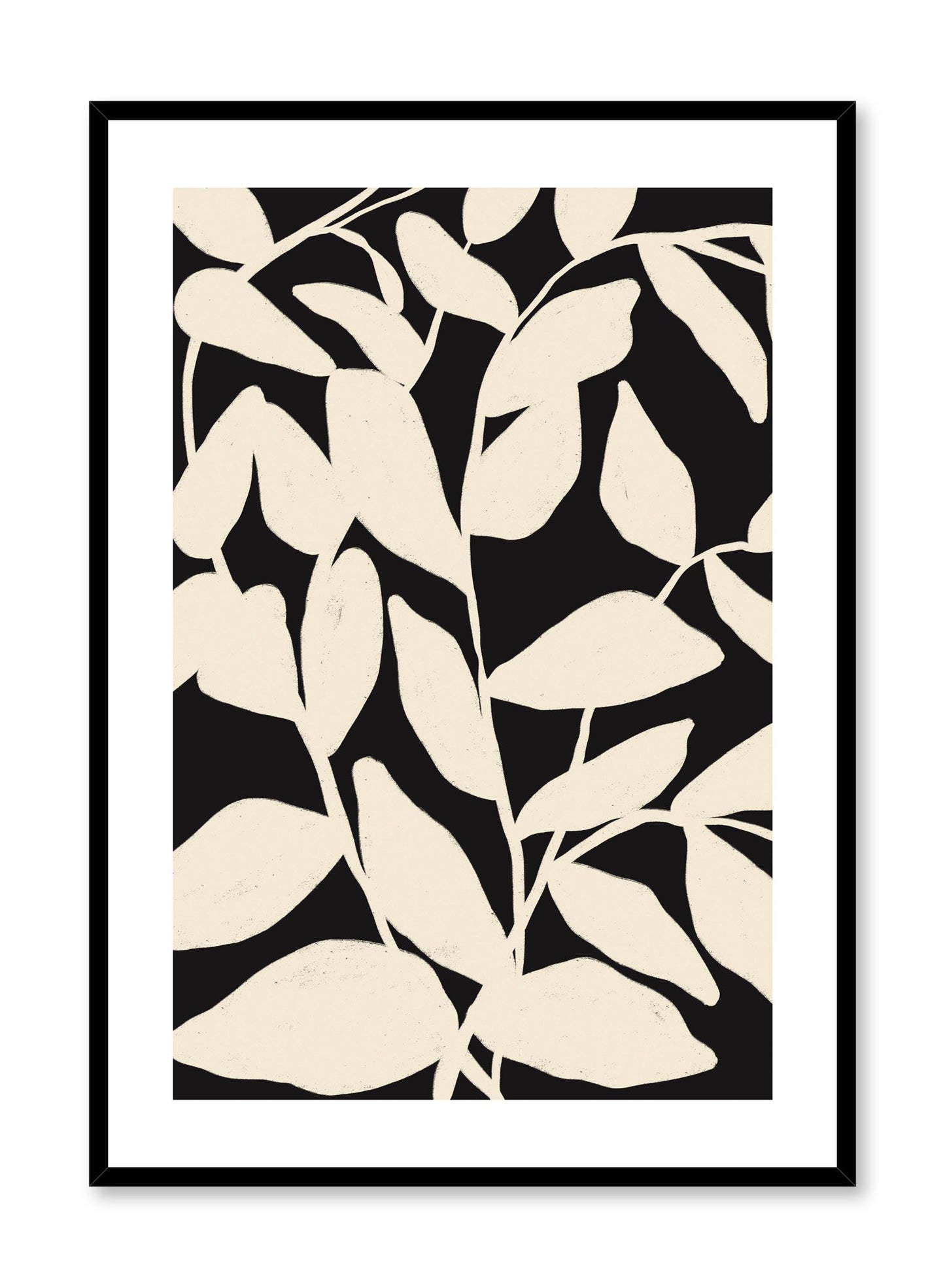 "Leaf Choreography" is a minimalist illustration poster by Opposite Wall in black and beige of abstract beige leaves entangled over a black background inspired by French painter Henri Matisse.