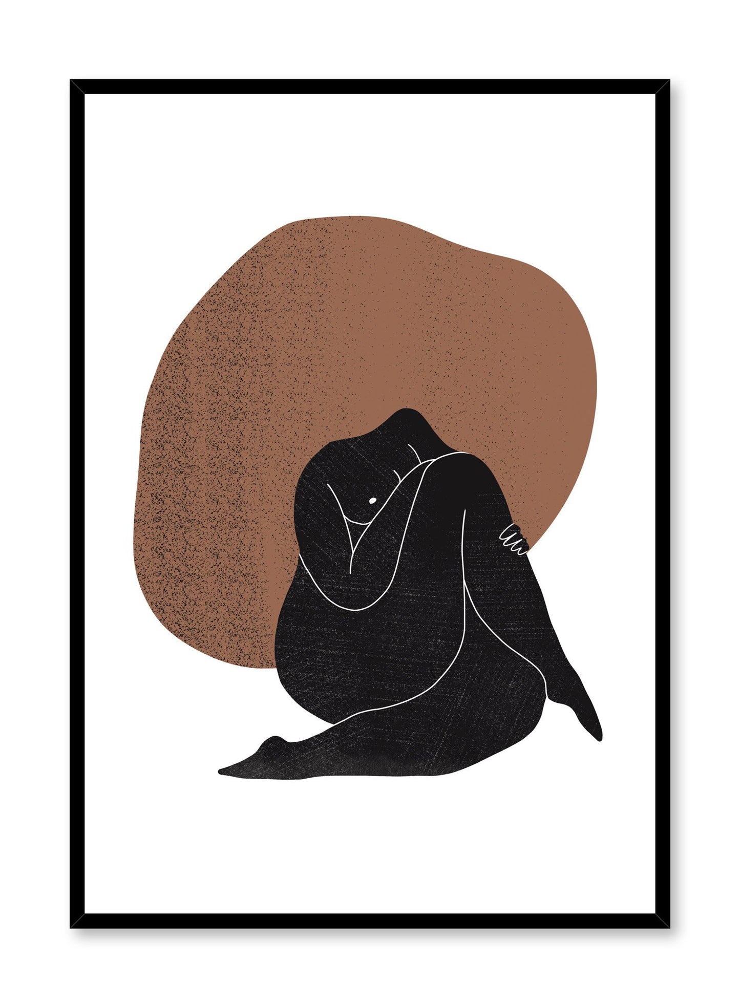 "Compassion" is a minimalist illustration poster by Opposite Wall in white, black and brown of a curvy woman sitting with her legs crossed.