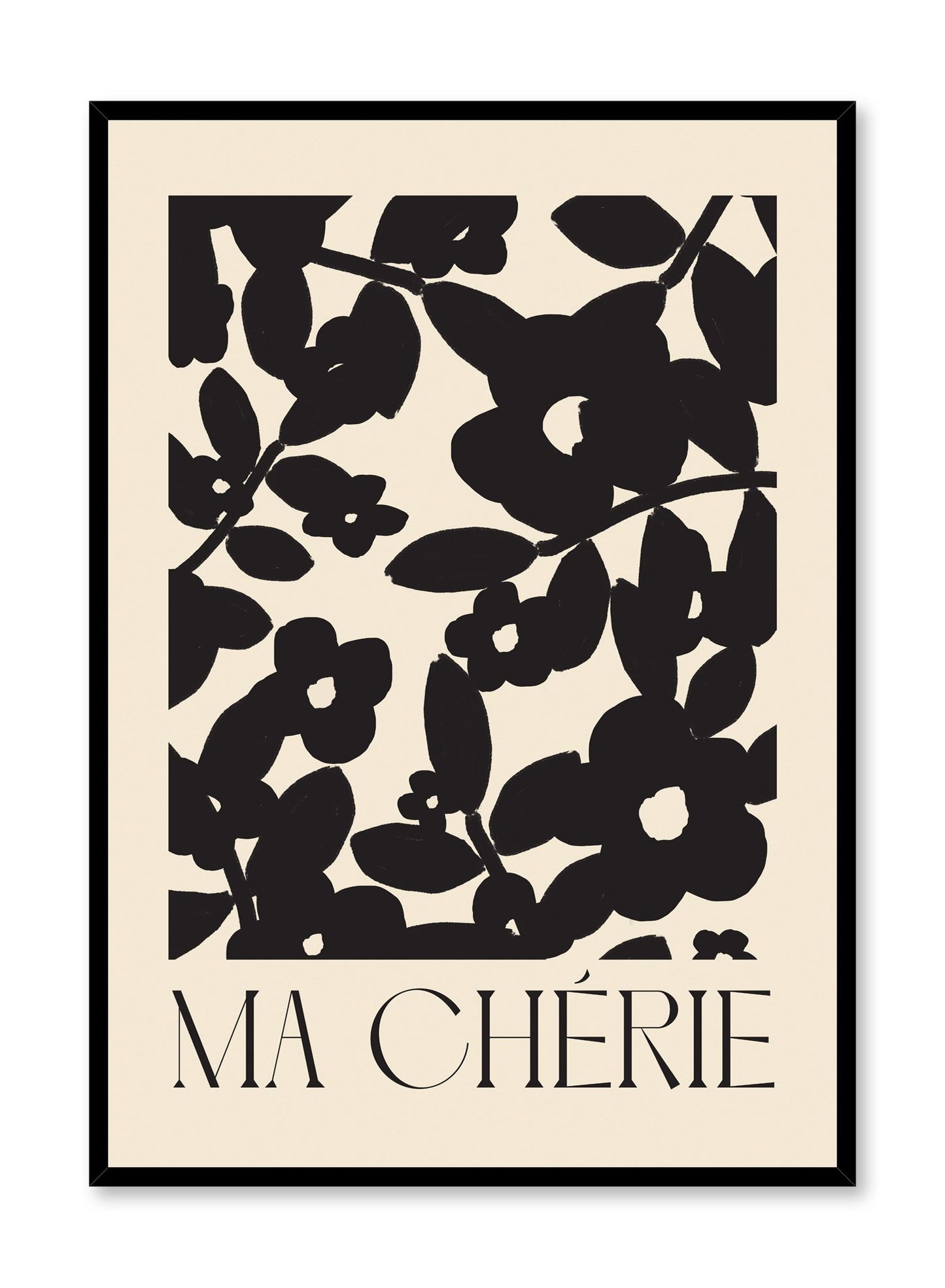 "Ma cherie" is a minimalist illustration poster by Opposite Wall in beige and black of an abstract botanical pattern and the words ‘my darling’ in French typography.