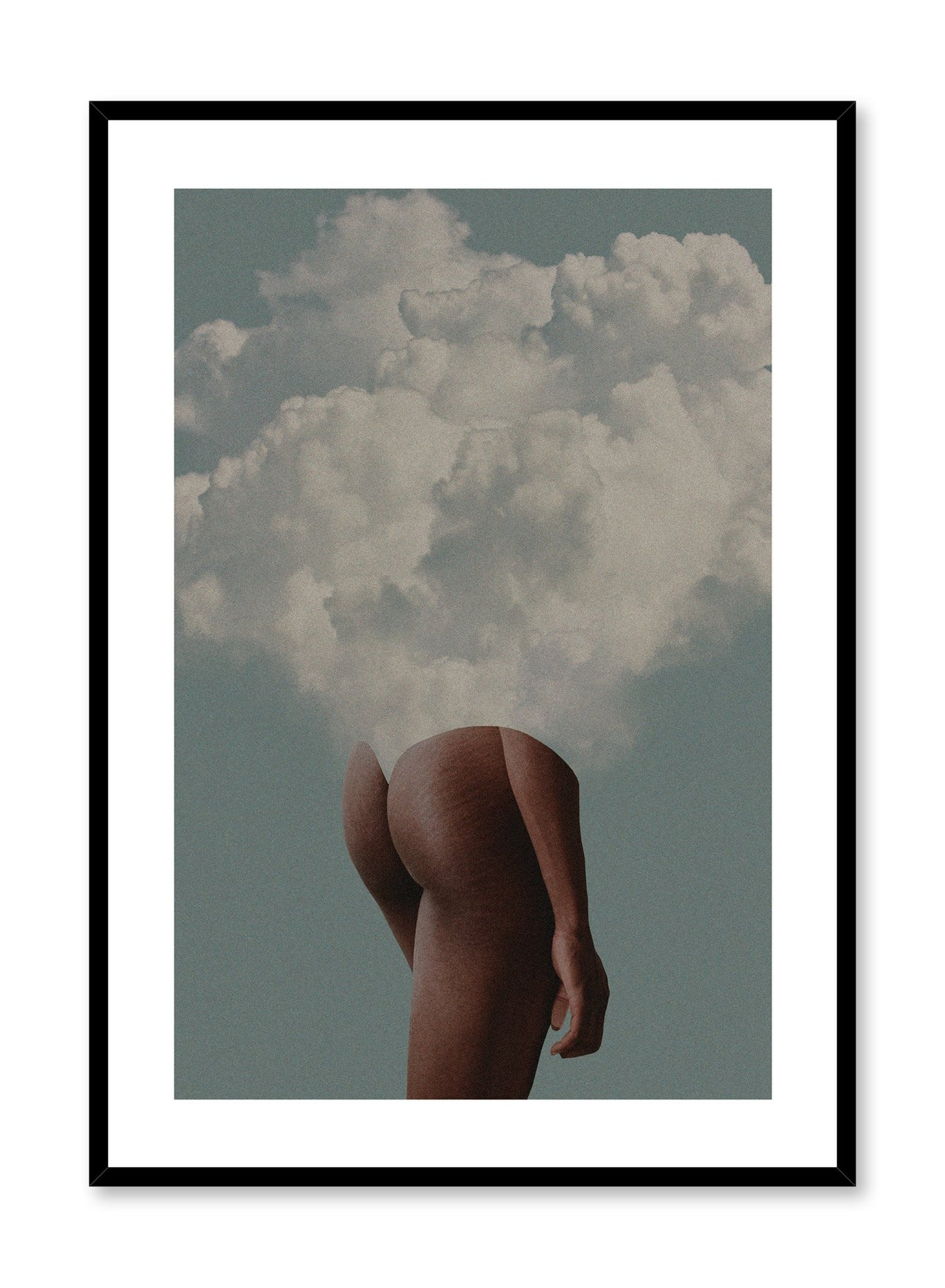 "Head in the Clouds" is a minimalist beige, blue and white photography collage poster by Opposite Wall of a nude woman’s posterior and legs with clouds emerging from her upper body over a sky background.