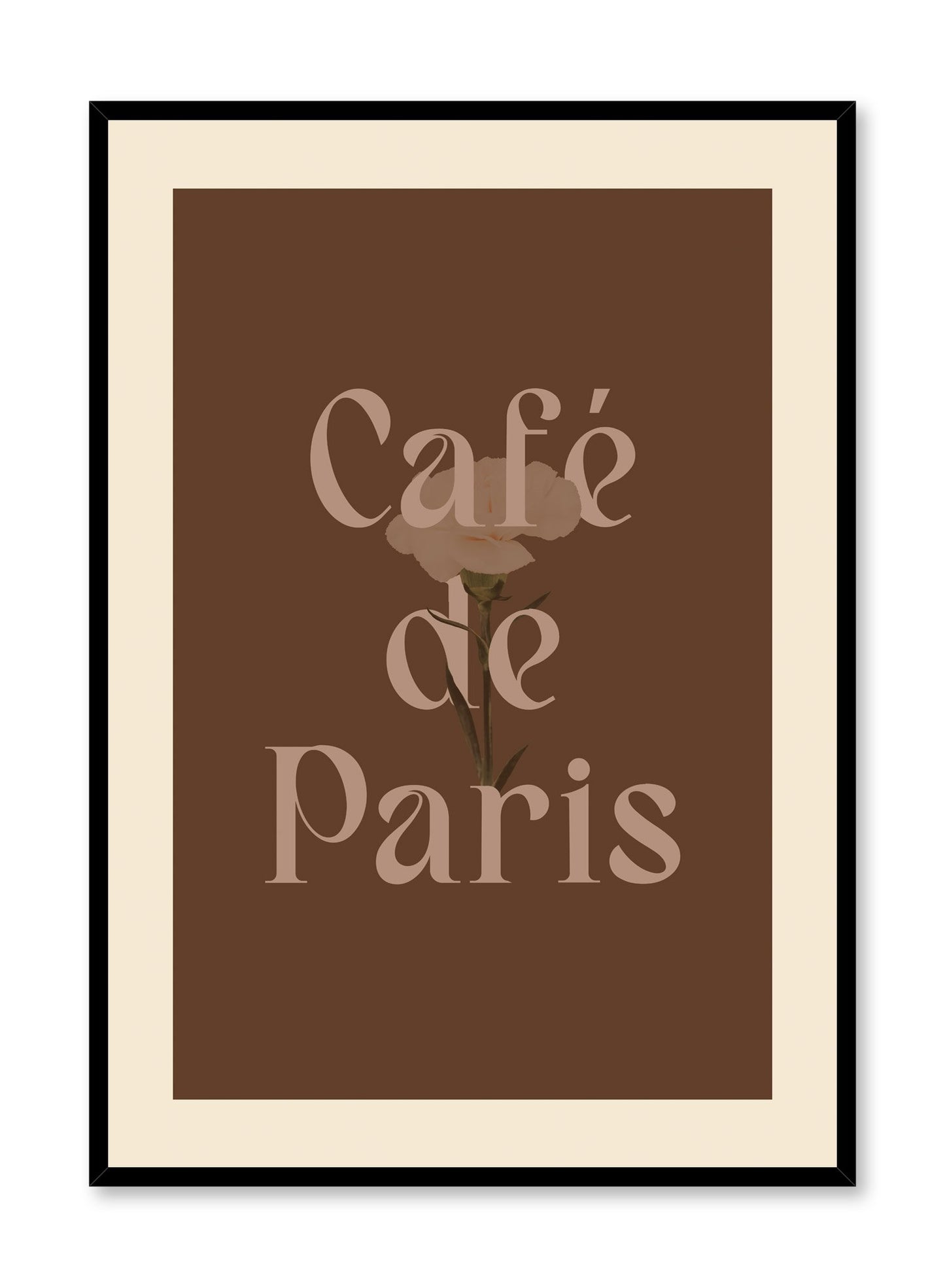 "Café de Paris" is a minimalist beige and brown typography poster by Opposite Wall of the words ‘café de Paris’ over a beige background.