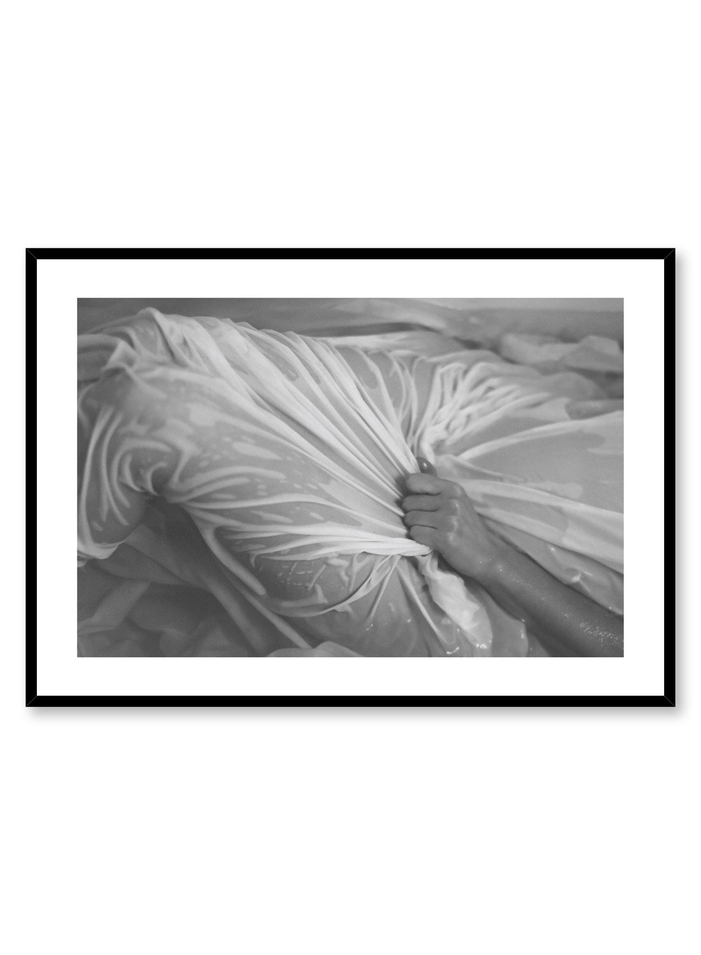 "Soaked" is a minimalist black & white photography poster by Opposite Wall of a nude woman in soaked sheets.