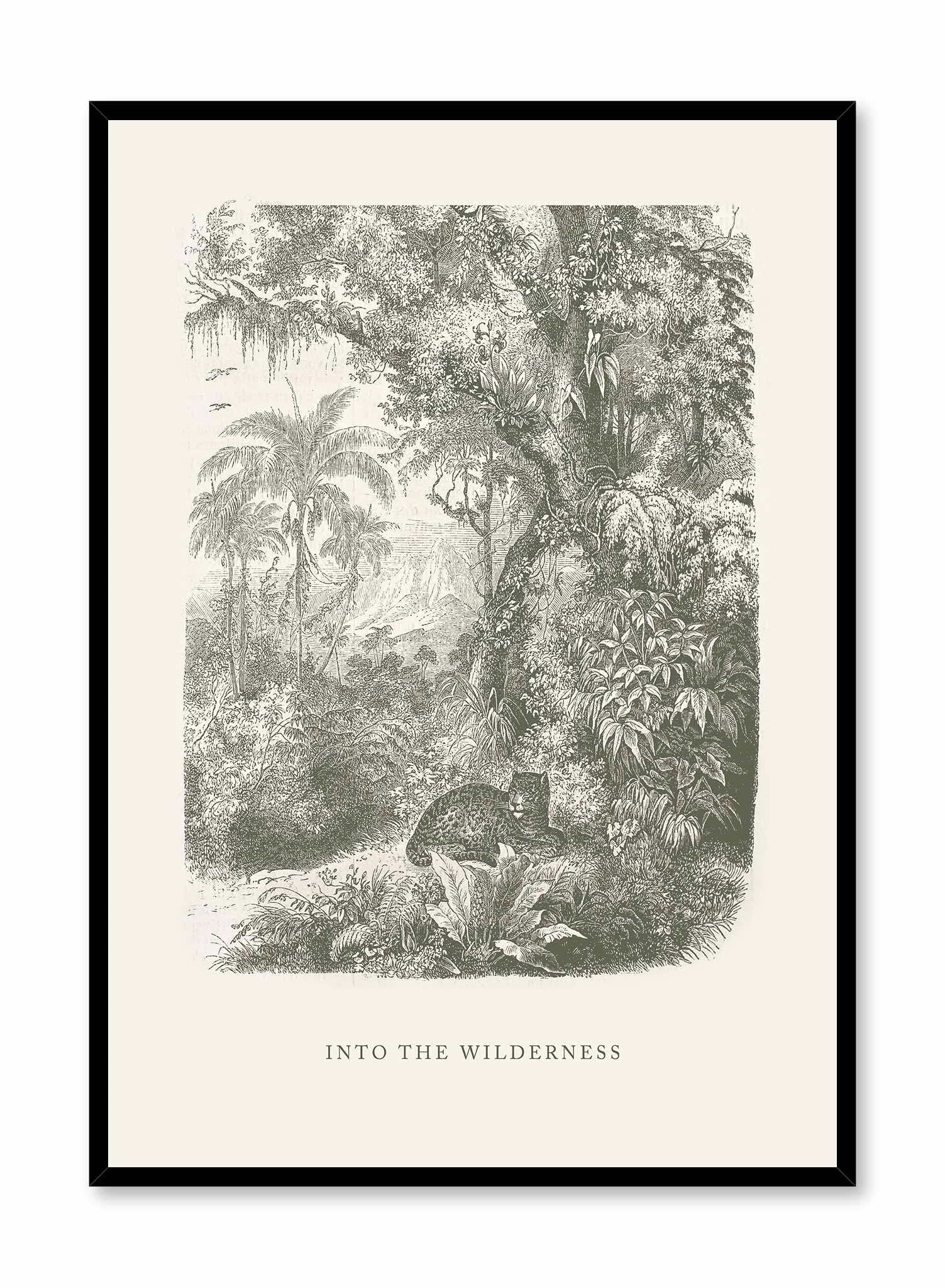 Antique Jungle is a minimalist of a cheetah resting under the shadow of the jungle's tall trees by Opposite Wall.
