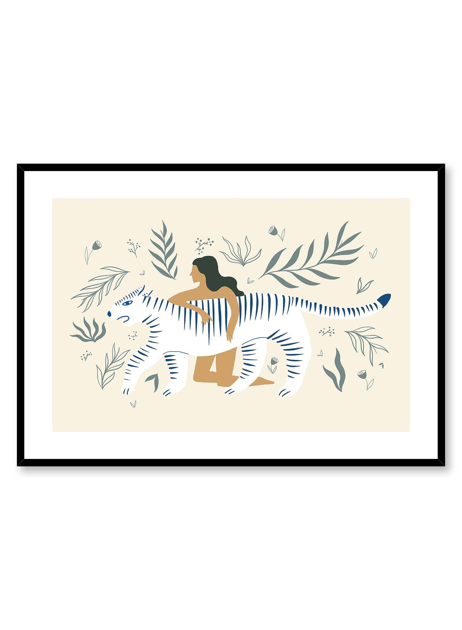 Power Alliance is a minimalist illustration of a woman kneeling while embracing a white striped tiger with a plant-filled background by Opposite Wall.