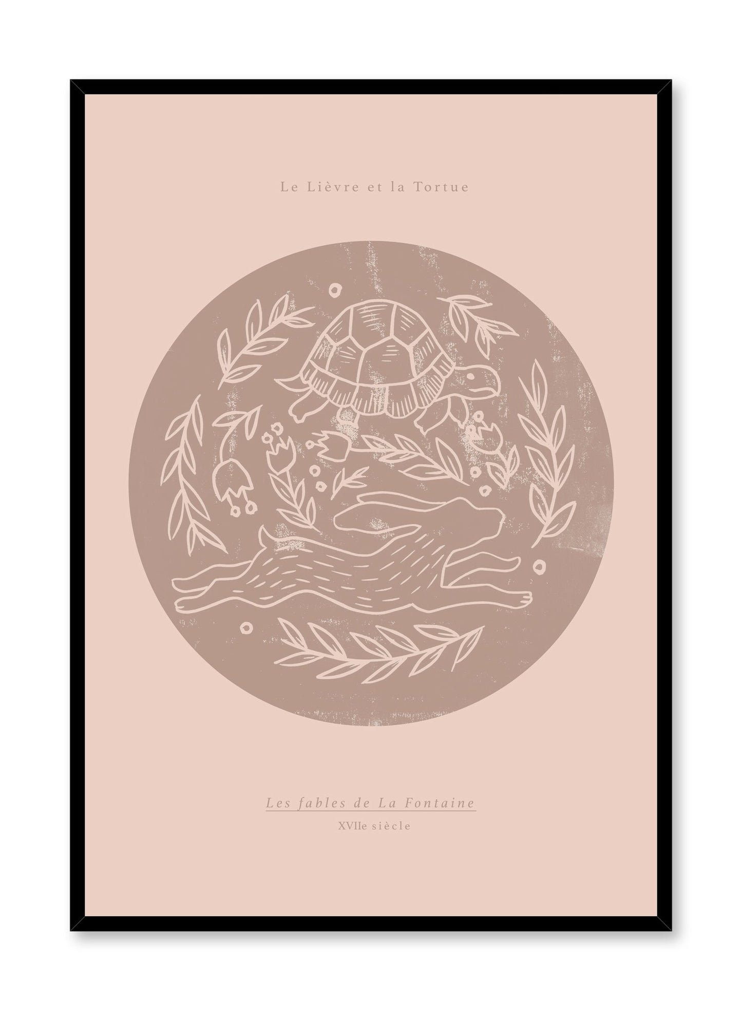 The Hare & the Tortoise is a minimalist illustration by Opposite Wall of La Fontaine's The Hare & the Tortoise where both animals are racing against each other.