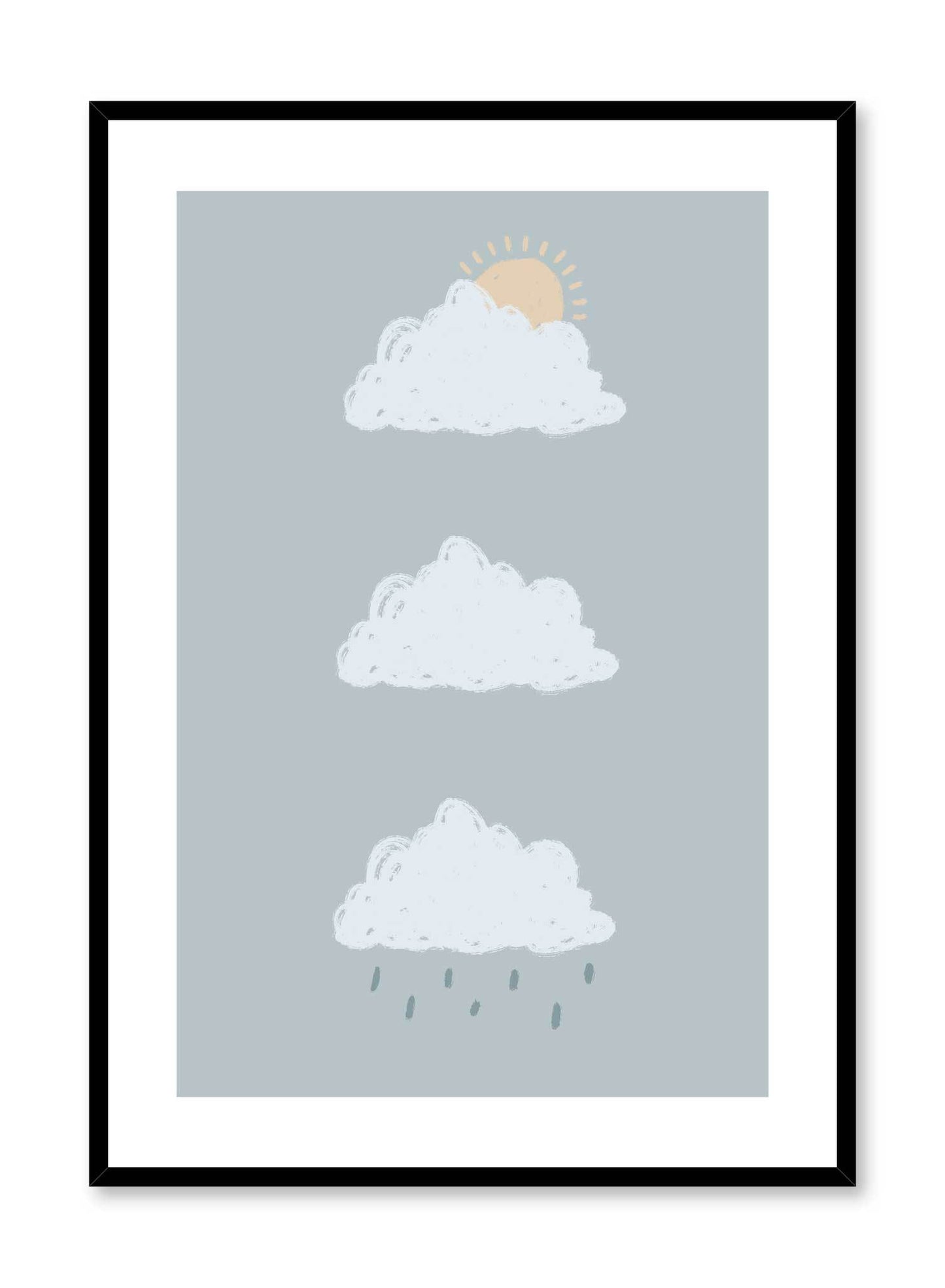 Moody Clouds is a minimalist illustration by Opposite Wall of three different cloud patterns: sunny, cloudy and rainy.