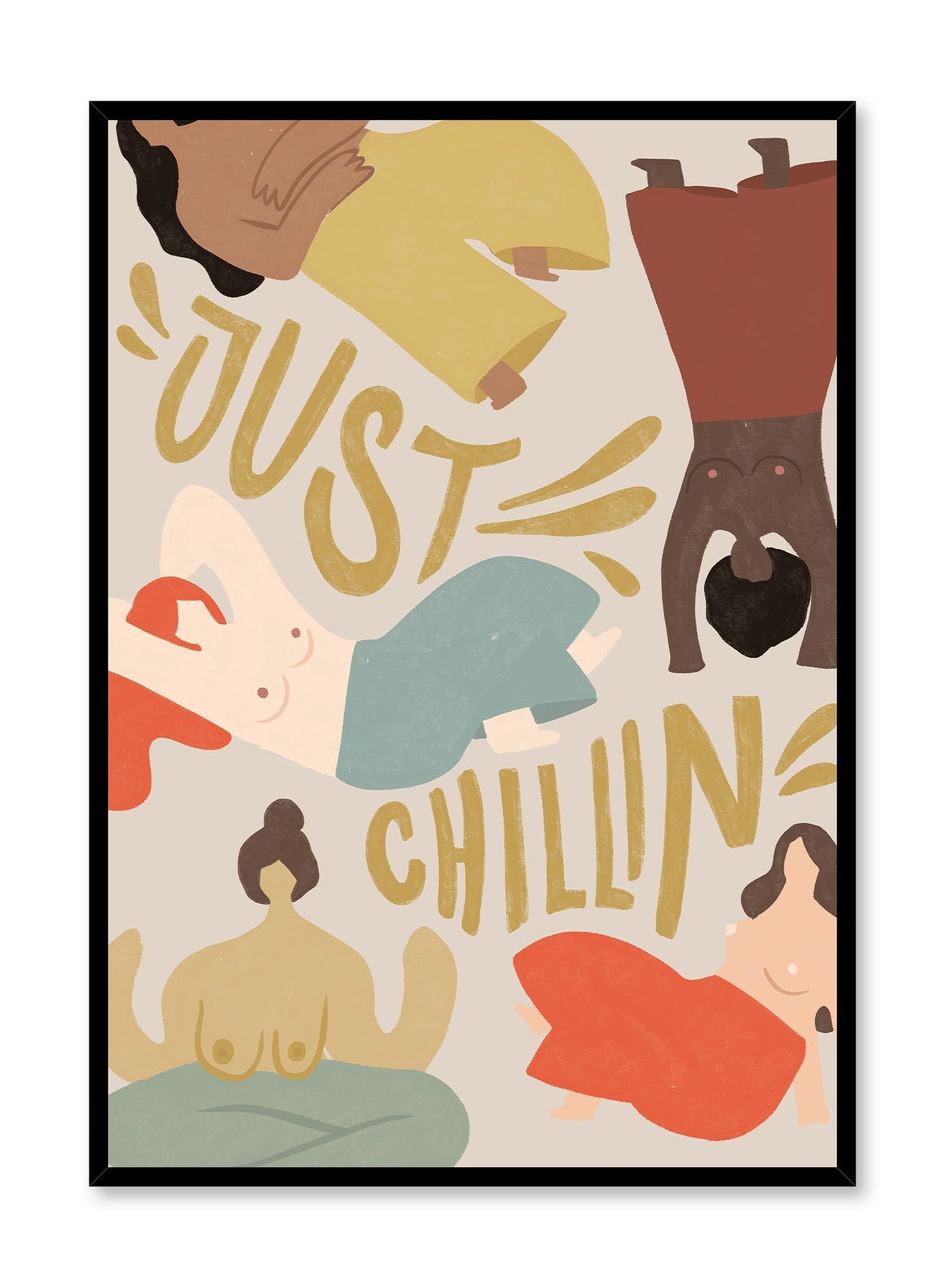 Topless Hangout is a minimalist typography by Opposite Wall of the words "Just Chillin'" surrounded by bra-less women enjoying the freedom.