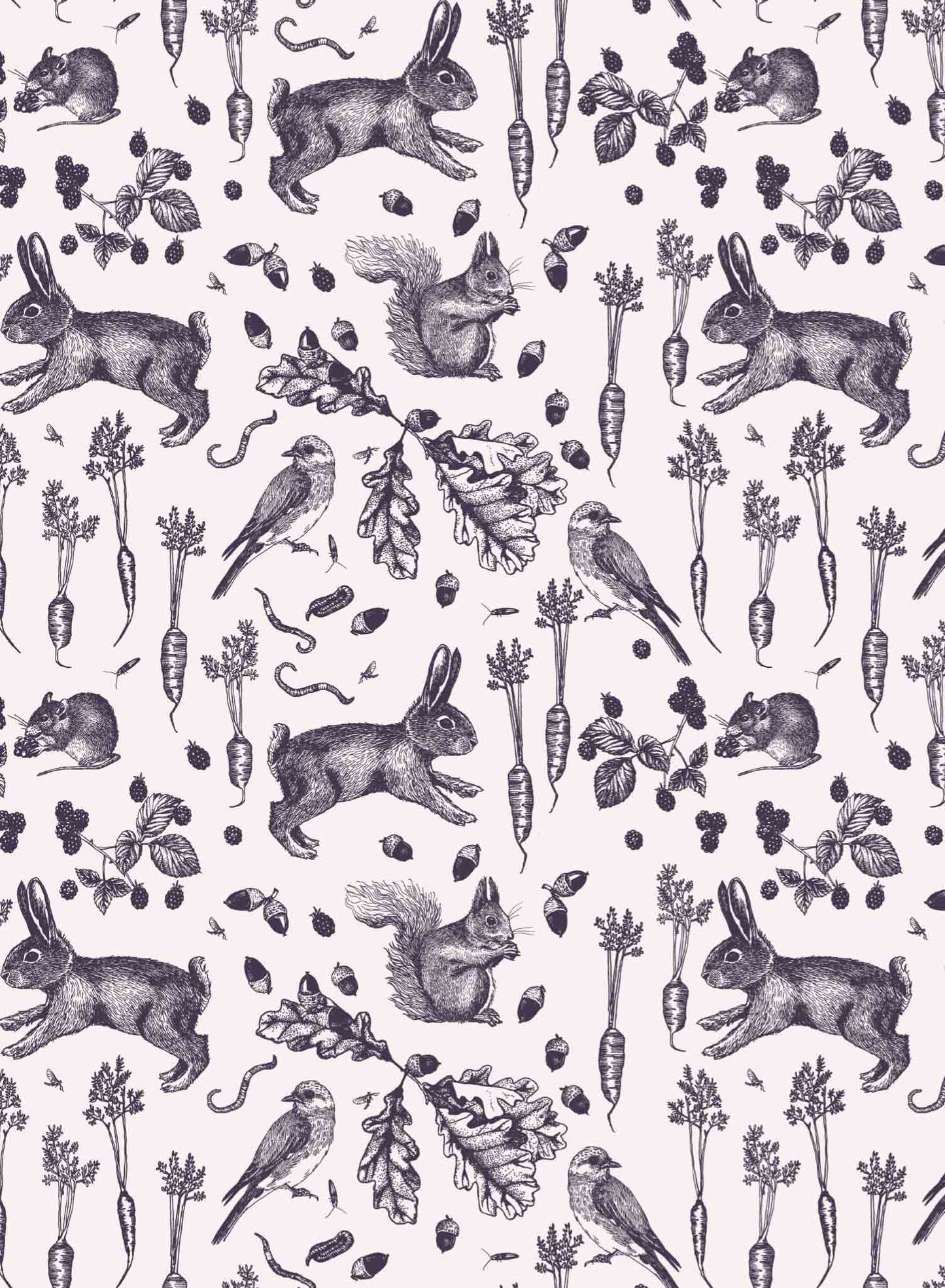Garden Thieves is a minimalist wallpaper by Opposite Wall of common animals and vegetables found in a backyard garden.