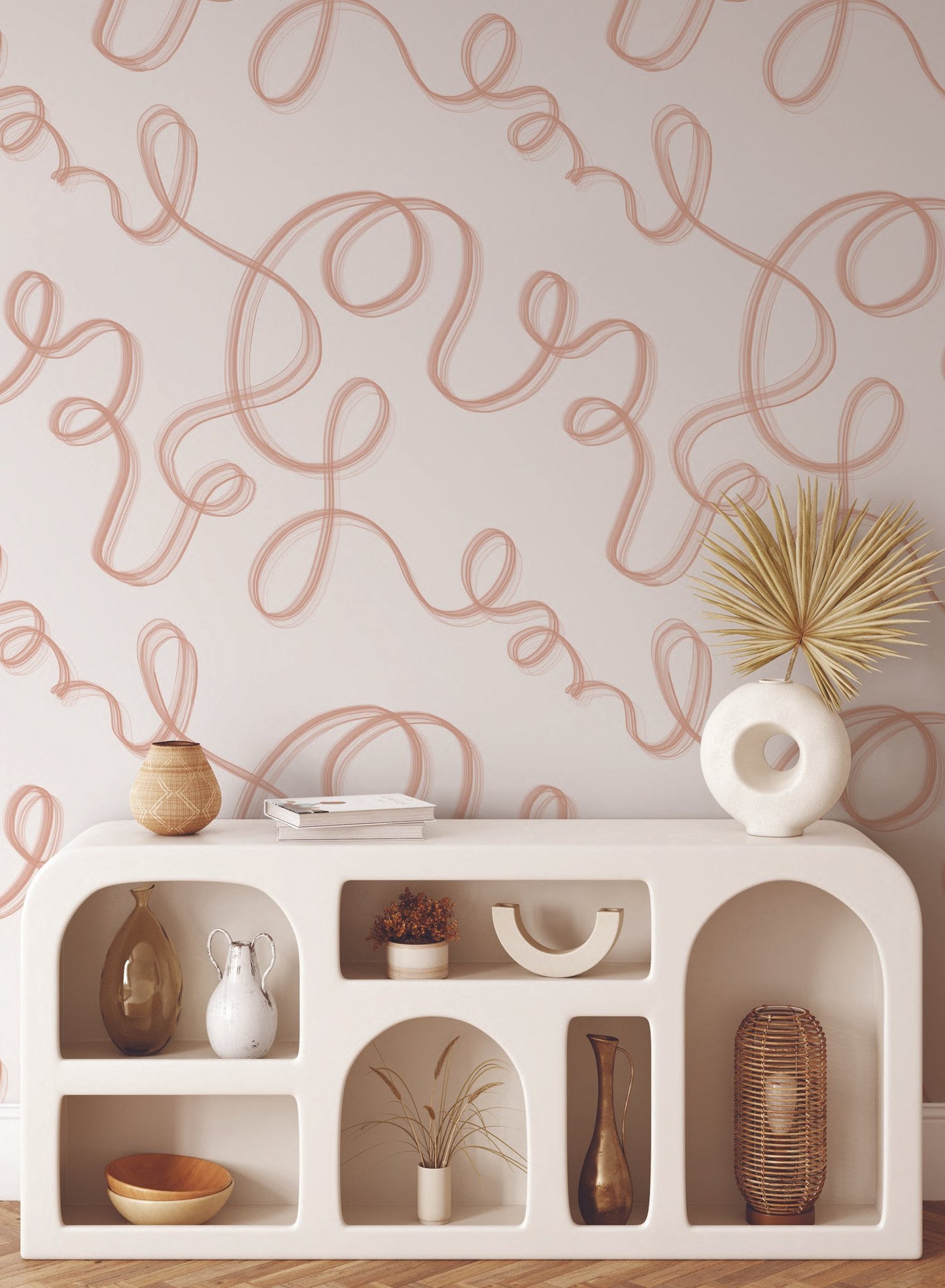 Up in Smoke is a minimalist wallpaper by Opposite Wall of cursive lines travelling on the wall.