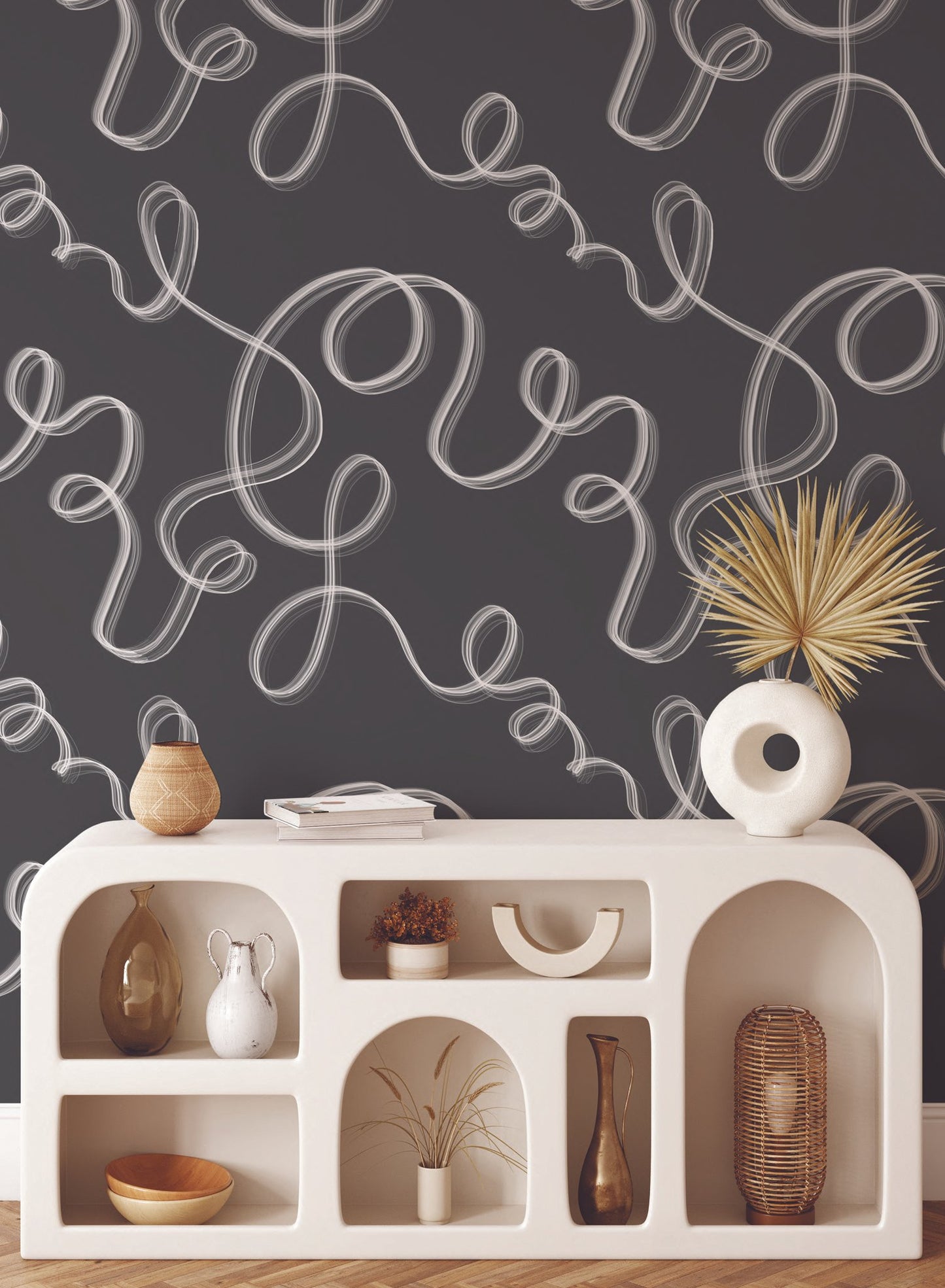 Up in Smoke is a minimalist wallpaper by Opposite Wall of cursive lines travelling on the wall.