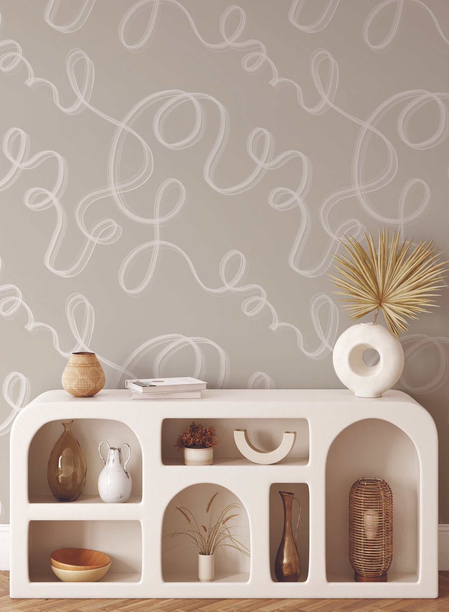 Up in Smoke is a minimalist wallpaper by Opposite Wall of cursive lines travelling on the wall.