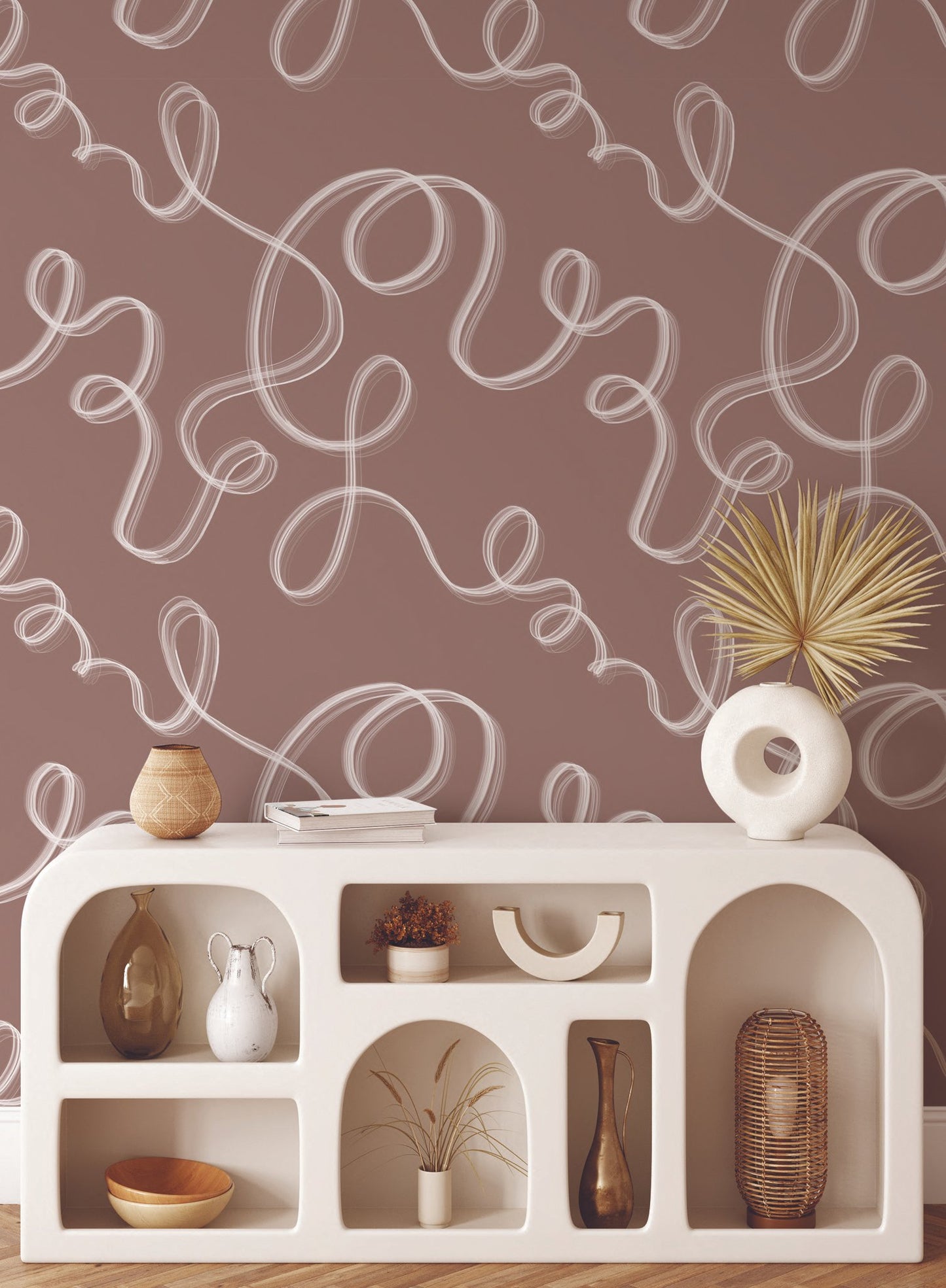 Up in Smoke is a minimalist wallpaper by Opposite Wall of cursive lines travelling on the wall.