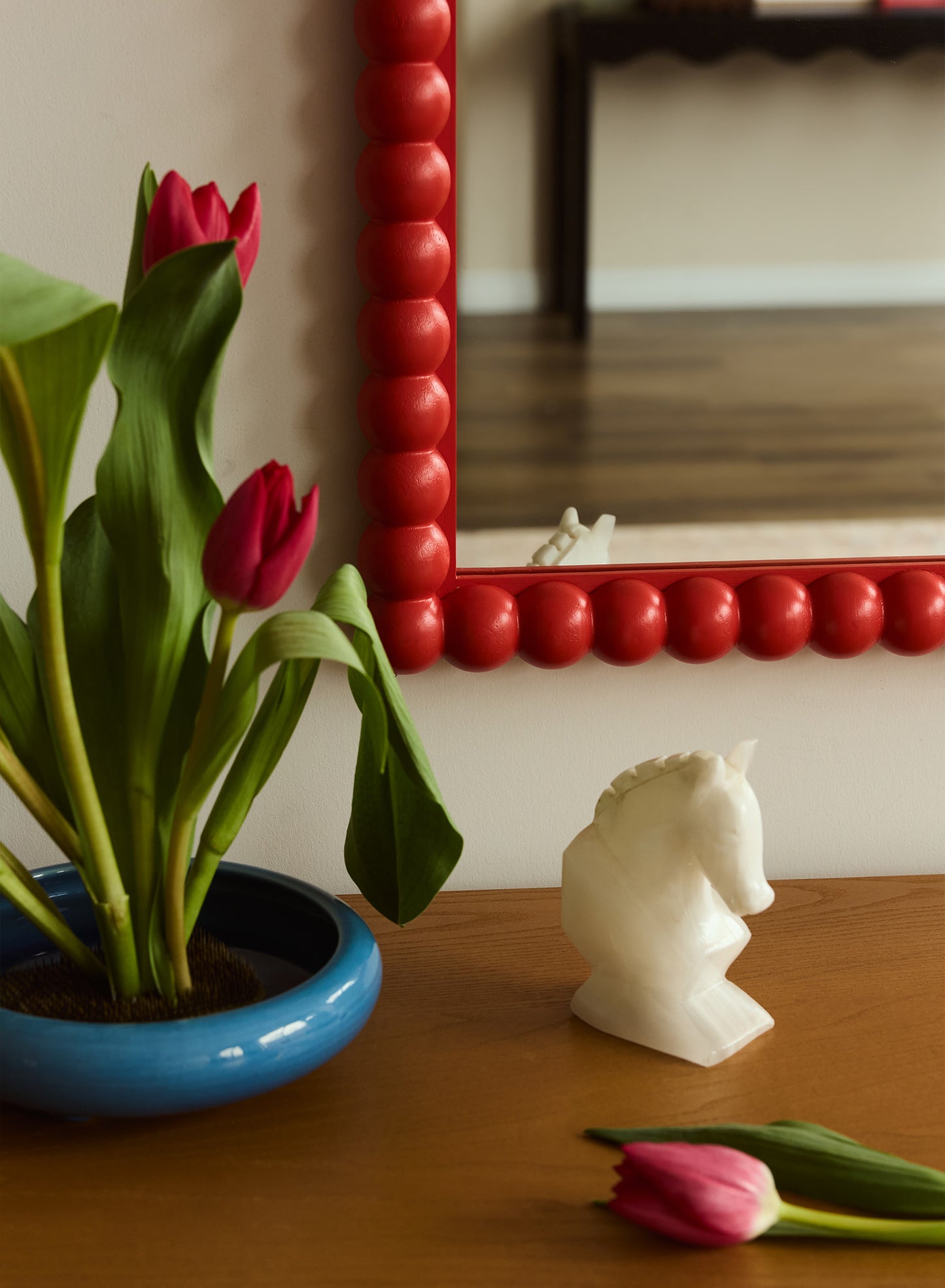 Small Poppy Bobbin Mirror – Red, Oak Frame, 20x30 in | 51x76 cm