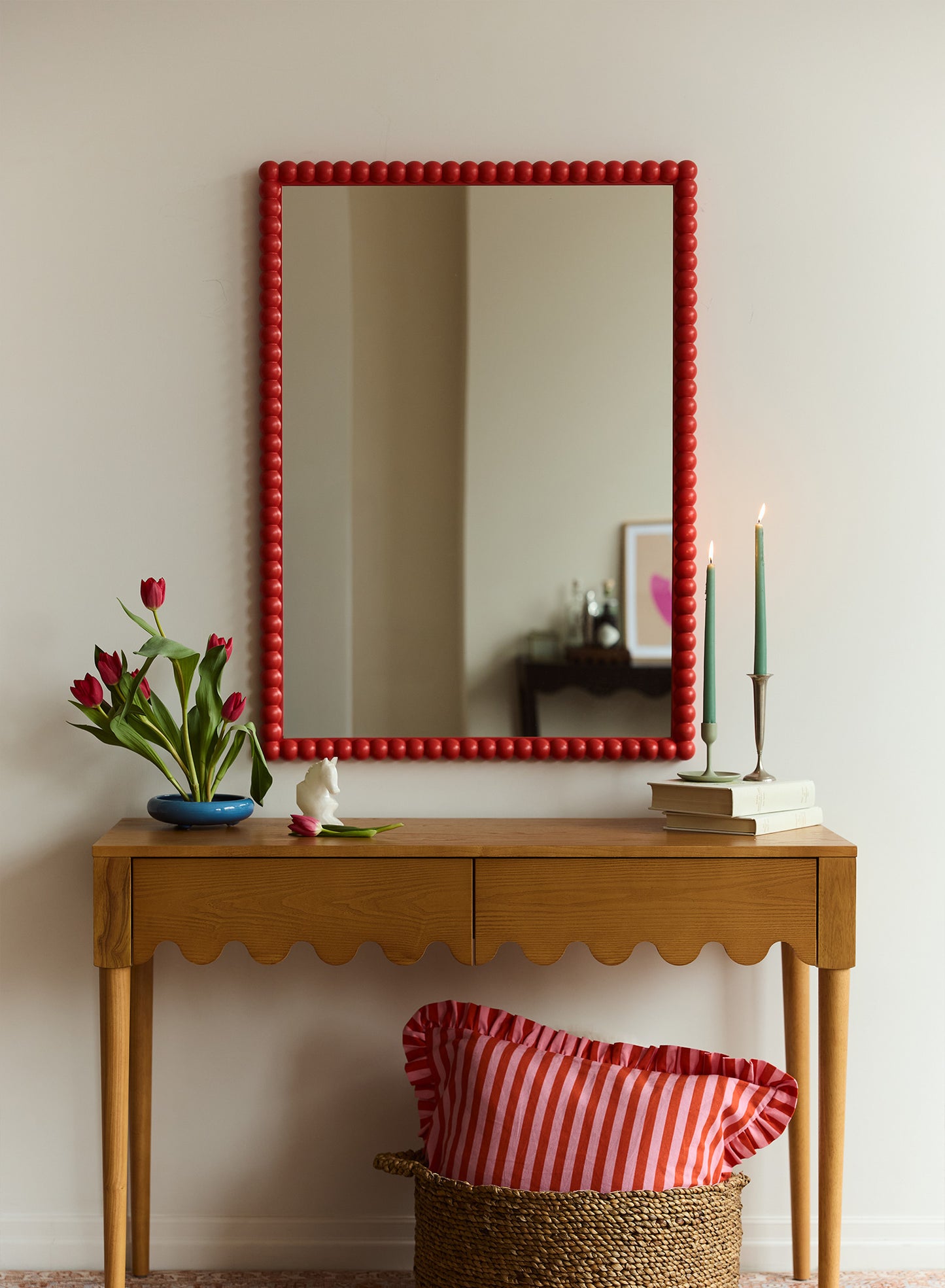 Large Poppy Bobbin Mirror – Red, Oak Frame, 28x40 in | 70x100 cm