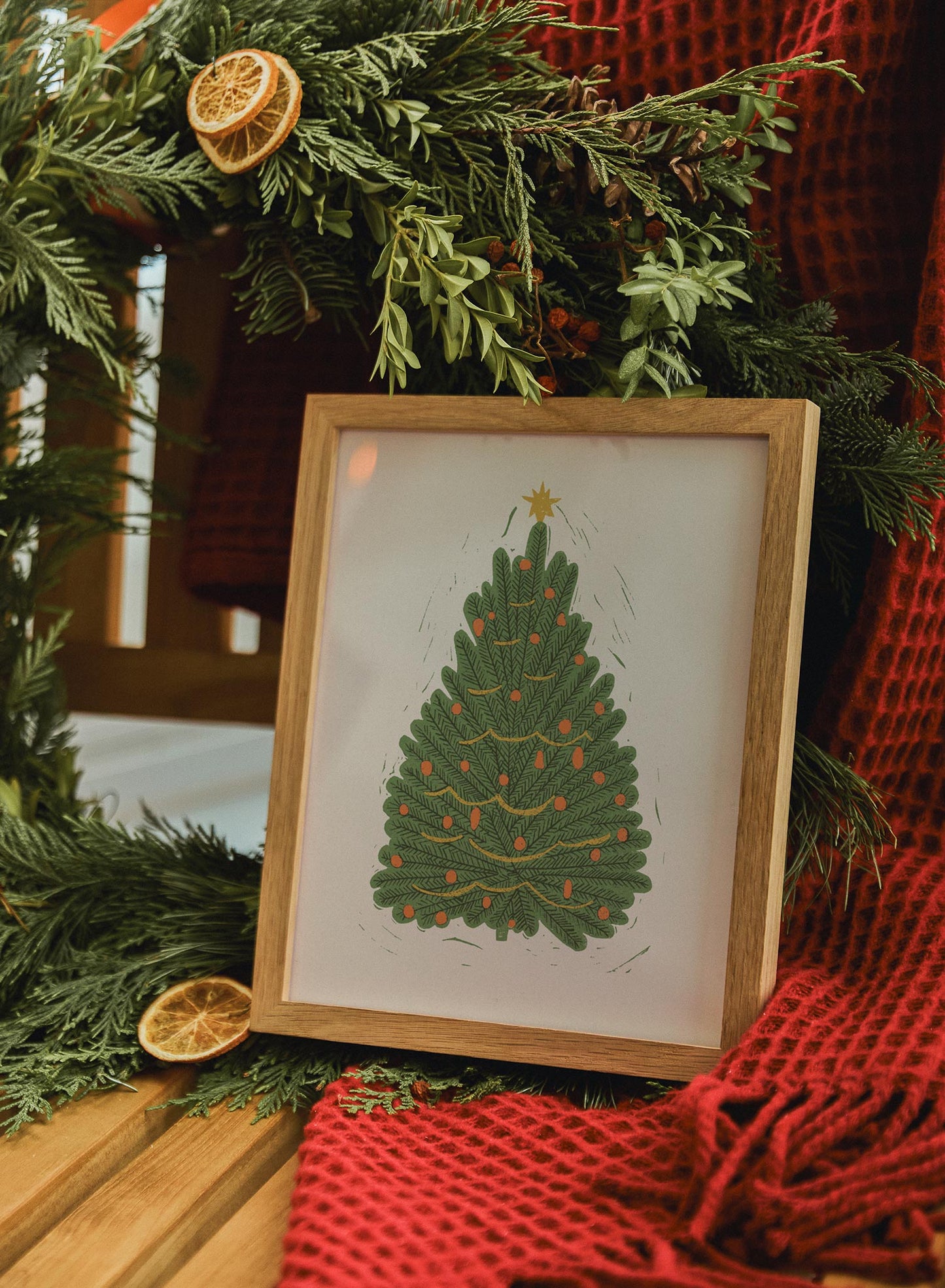 Vintage Holiday Tree Block Print, Poster