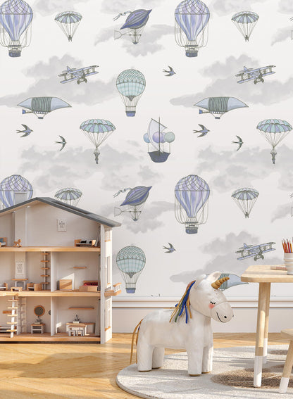 Fantastic Voyages is a minimalist wallpaper by Opposite Wall of a flying planes & hot air balloon