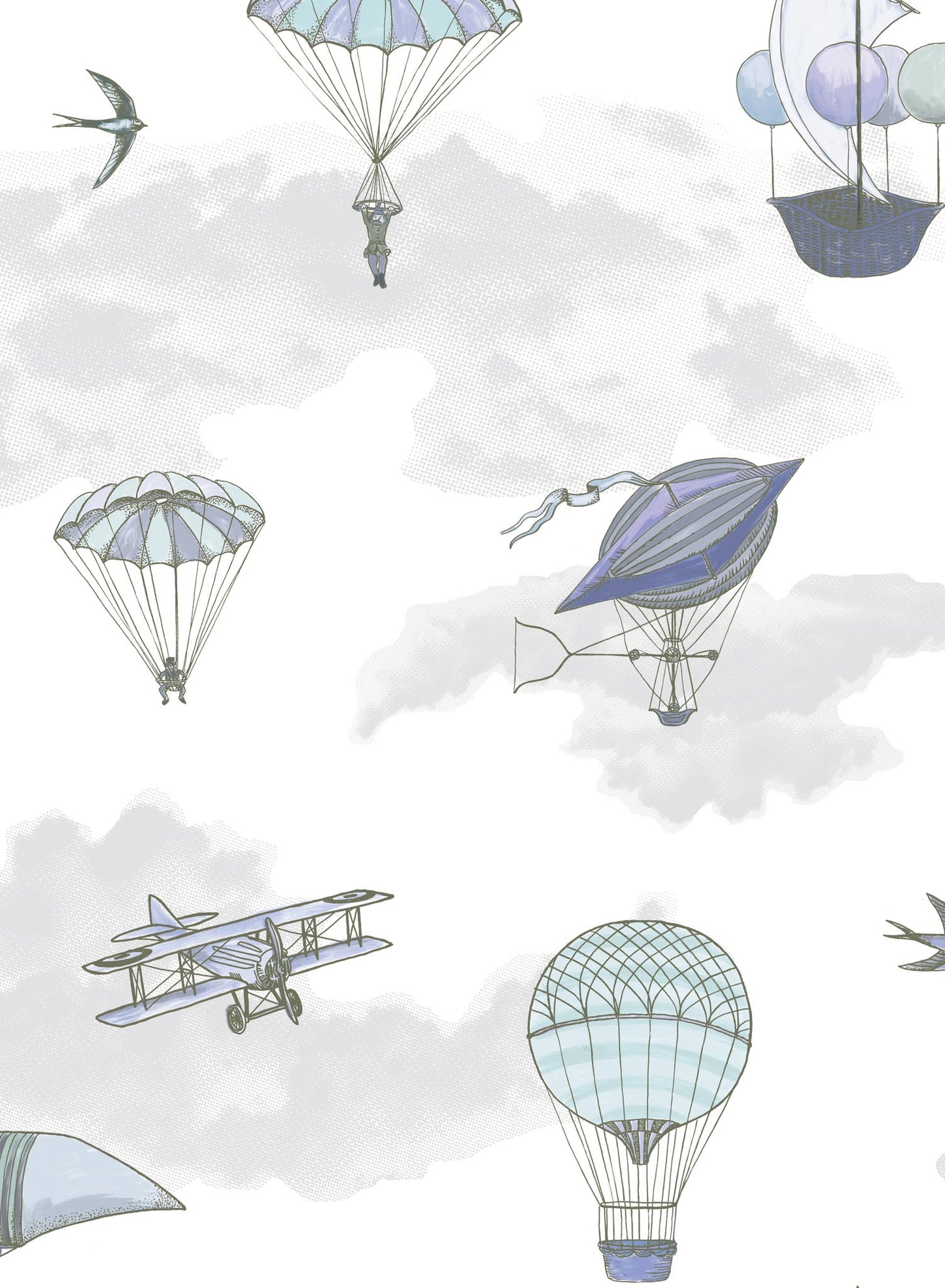 Fantastic Voyages is a minimalist wallpaper by Opposite Wall of a flying planes & hot air balloon