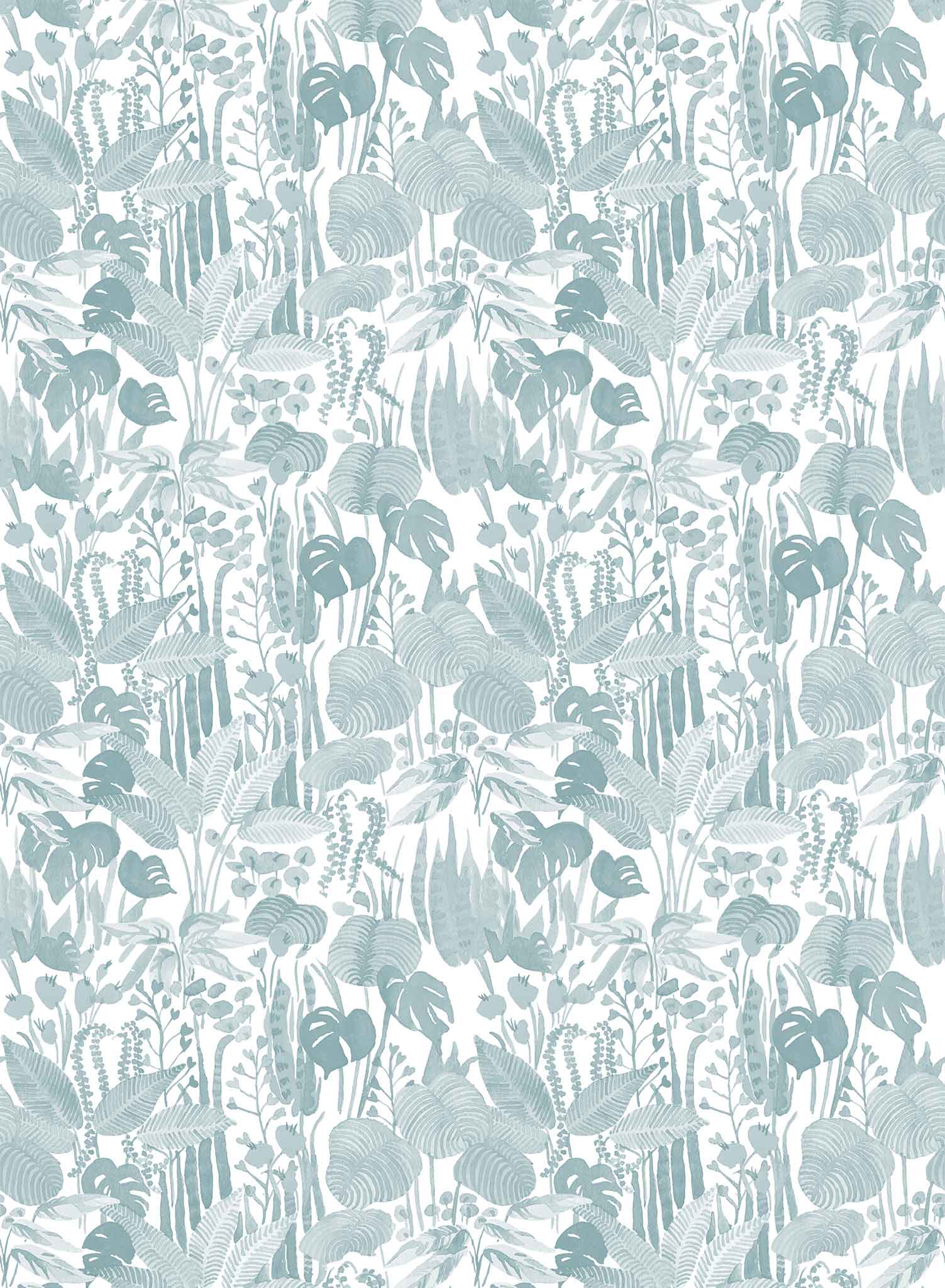 Tropicalia is a minimalist wallpaper by Opposite Wall of a variety of tropical plant leaves.