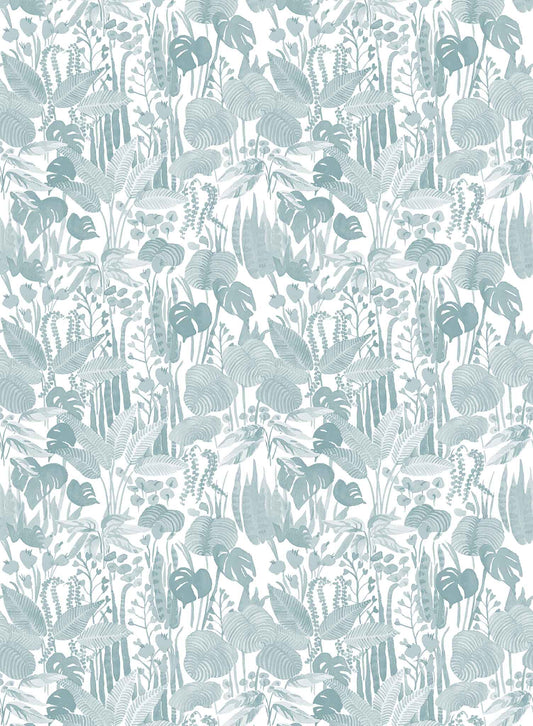 Tropicalia is a minimalist wallpaper by Opposite Wall of a variety of tropical plant leaves.