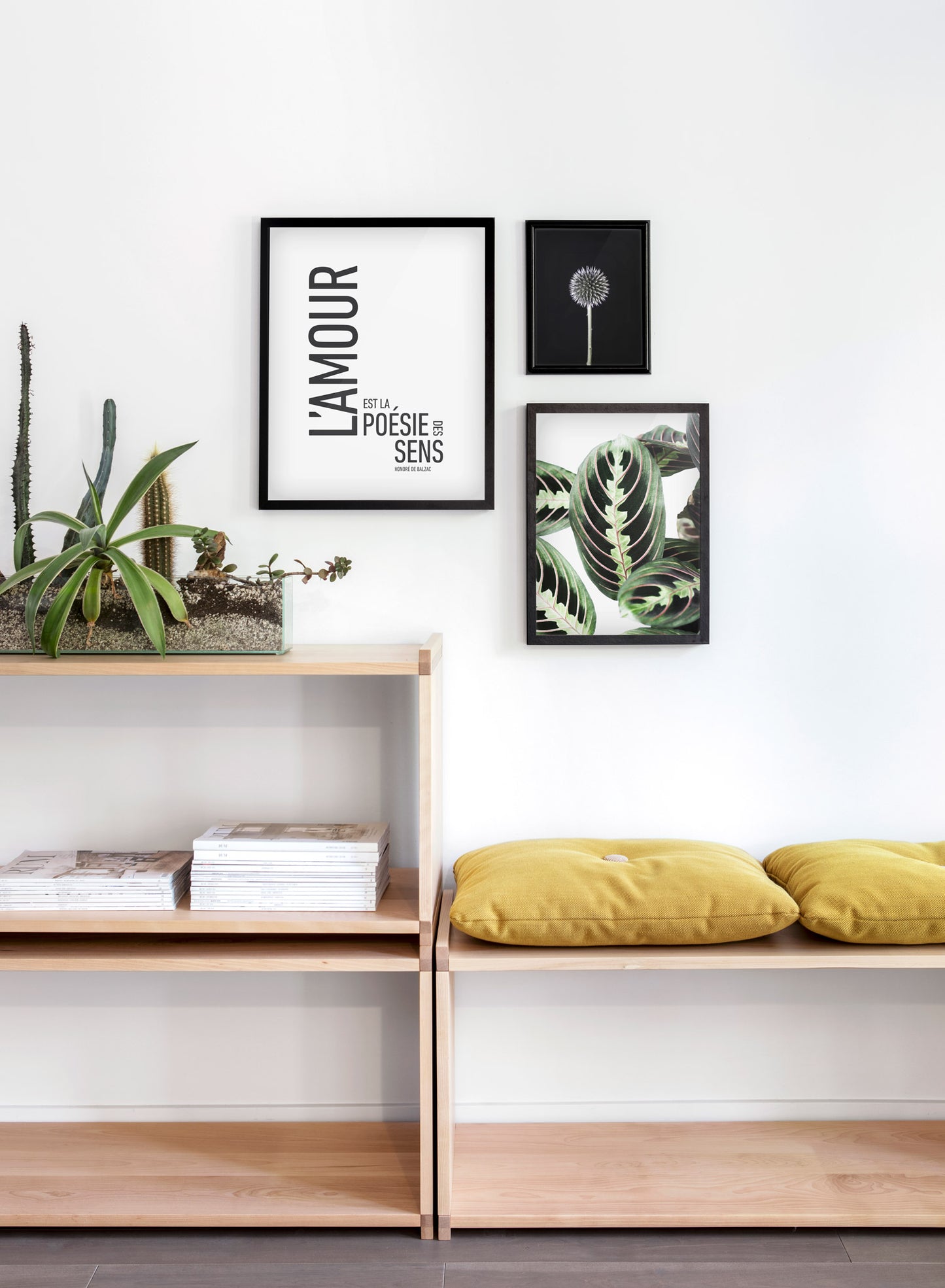 Scandinavian poster by Opposite Wall with trendy black Love poetry typo graphic design - Living room with a cushion
