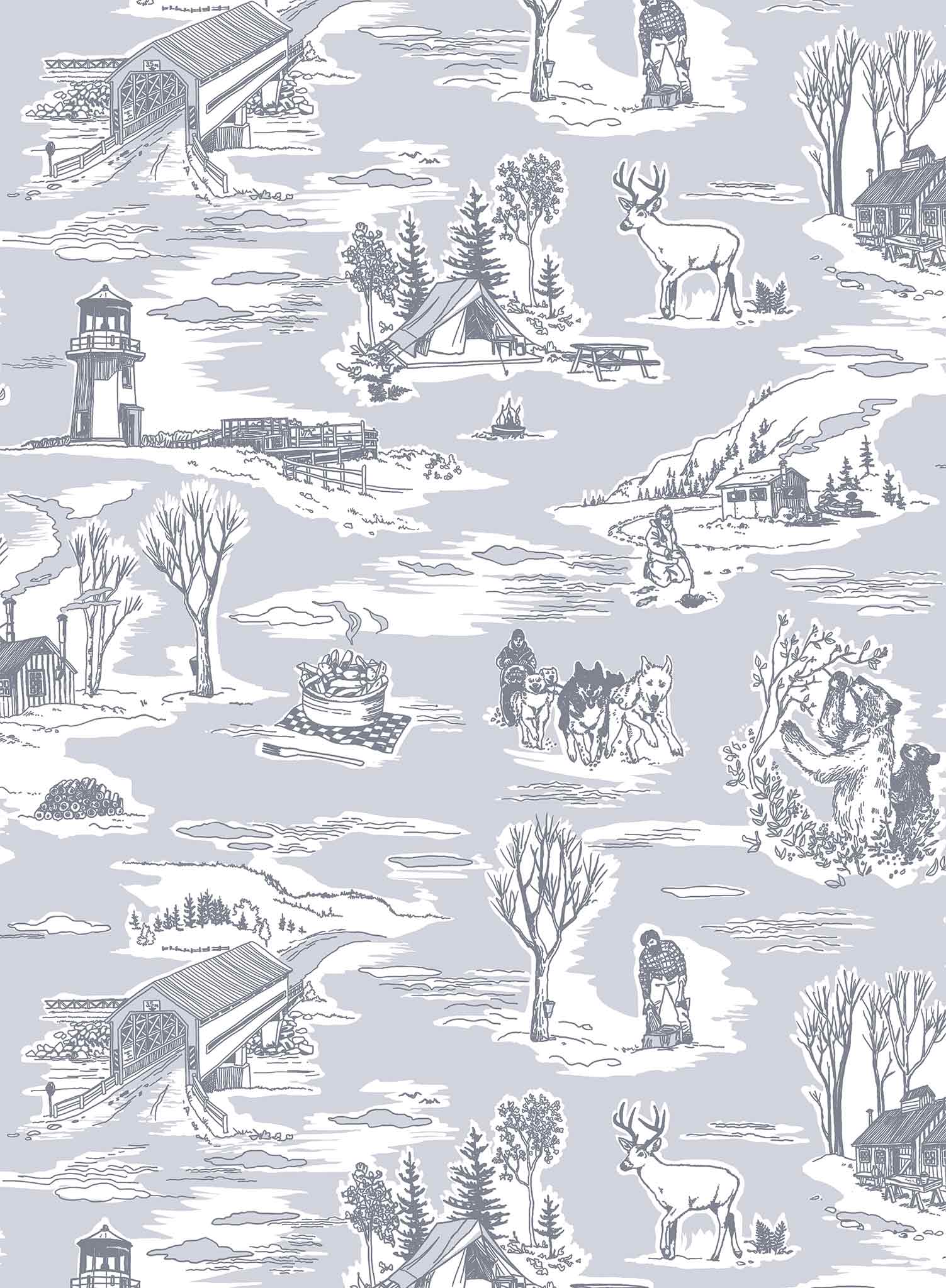 Folklore is a minimalist wallpaper by Opposite Wall of drawings of typical Canadian sightings.