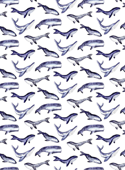 Whale Tale is a minimalist wallpaper by Opposite Wall of a collection of various whale types.