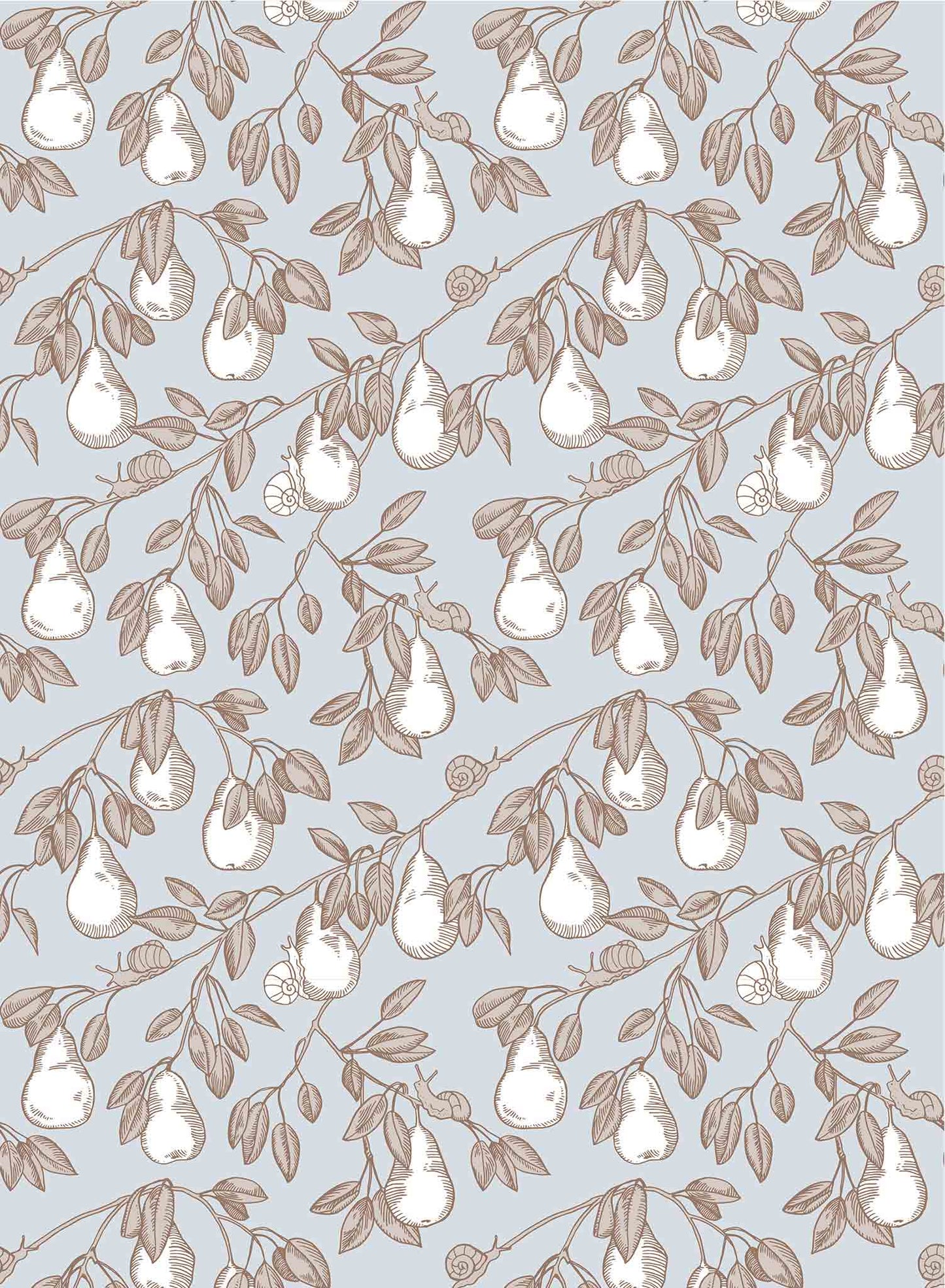 Pear Picking is a minimalist wallpaper by Opposite Wall of a series of pears hanging from its tree.