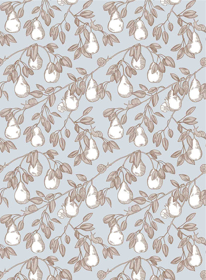 Pear Picking is a minimalist wallpaper by Opposite Wall of a series of pears hanging from its tree.