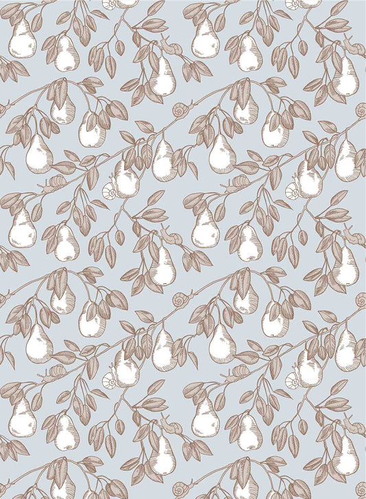 Pear Picking is a minimalist wallpaper by Opposite Wall of a series of pears hanging from its tree.