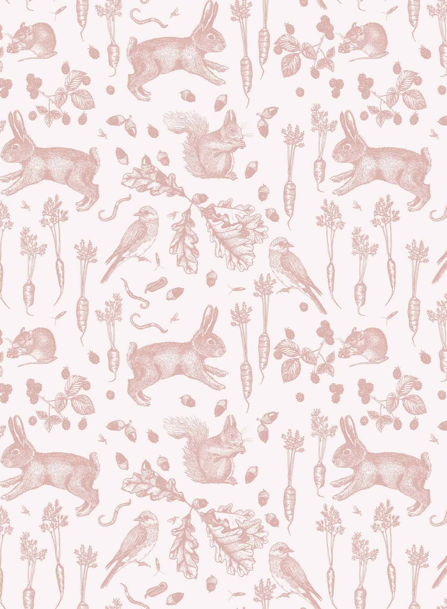 Garden Thieves is a minimalist wallpaper by Opposite Wall of common animals and vegetables found in a backyard garden.