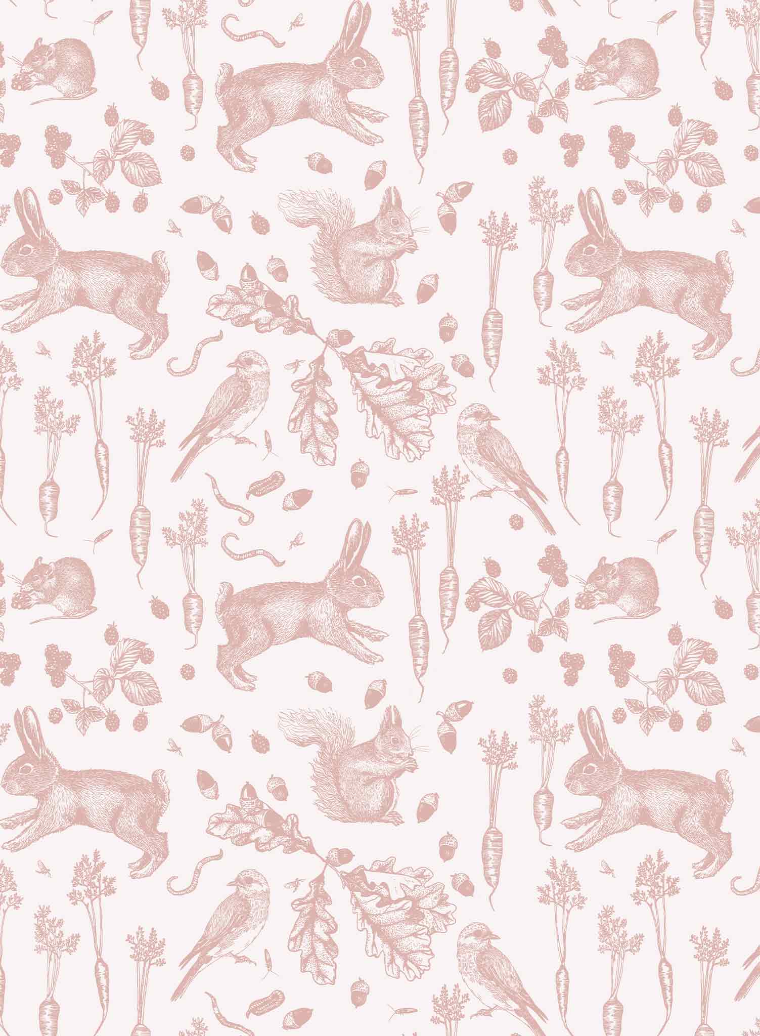 Garden Thieves is a minimalist wallpaper by Opposite Wall of common animals and vegetables found in a backyard garden.