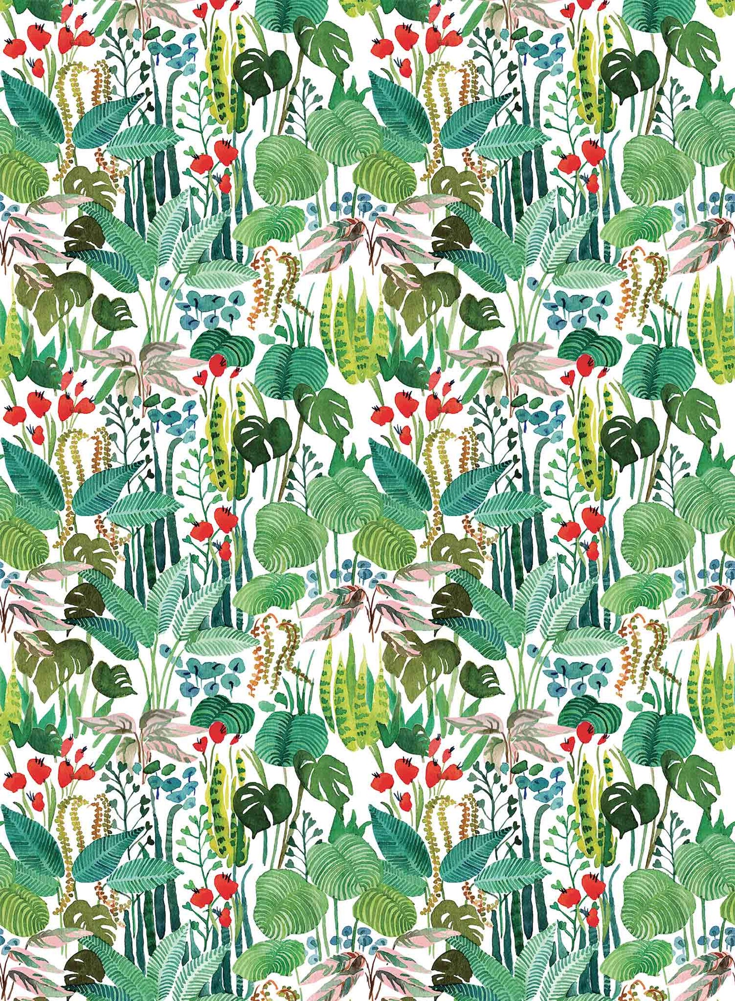 Tropicalia is a minimalist wallpaper by Opposite Wall of a variety of tropical plant leaves.