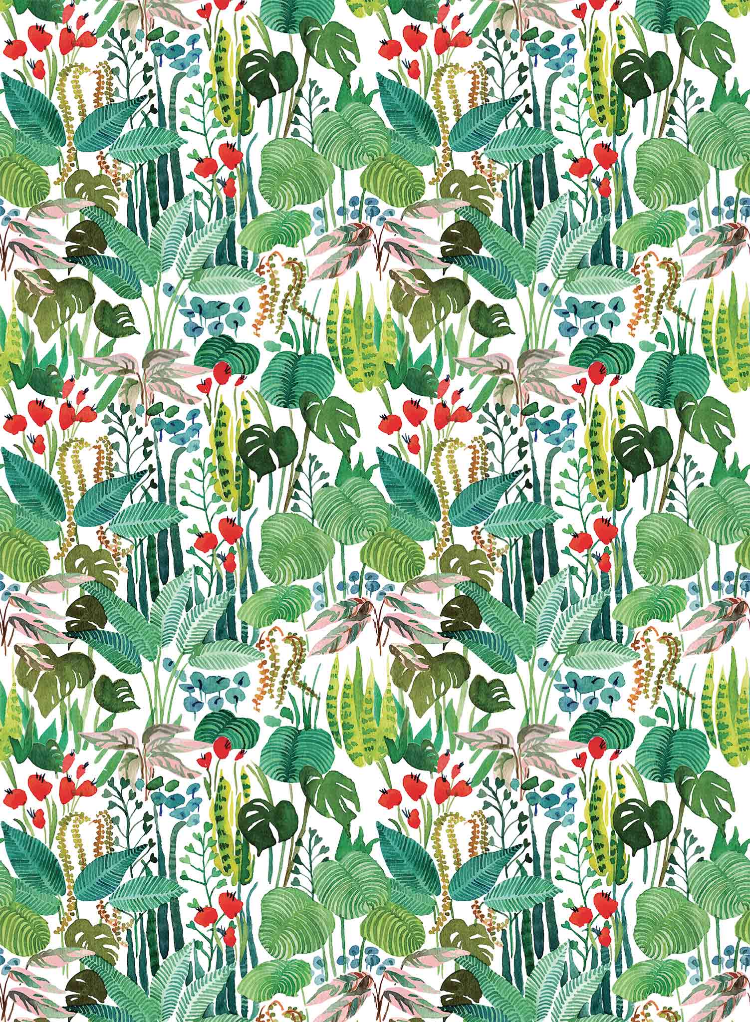 Tropicalia is a minimalist wallpaper by Opposite Wall of a variety of tropical plant leaves.