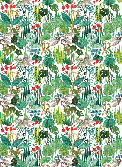 Tropicalia is a minimalist wallpaper by Opposite Wall of a variety of tropical plant leaves.